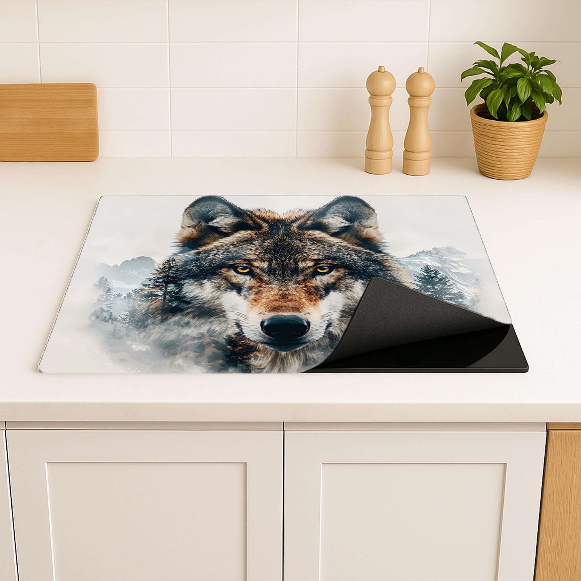 Majestic Wolf inductiebeschermer met wolvenhoofd en natuurmotief op wit keukenblad