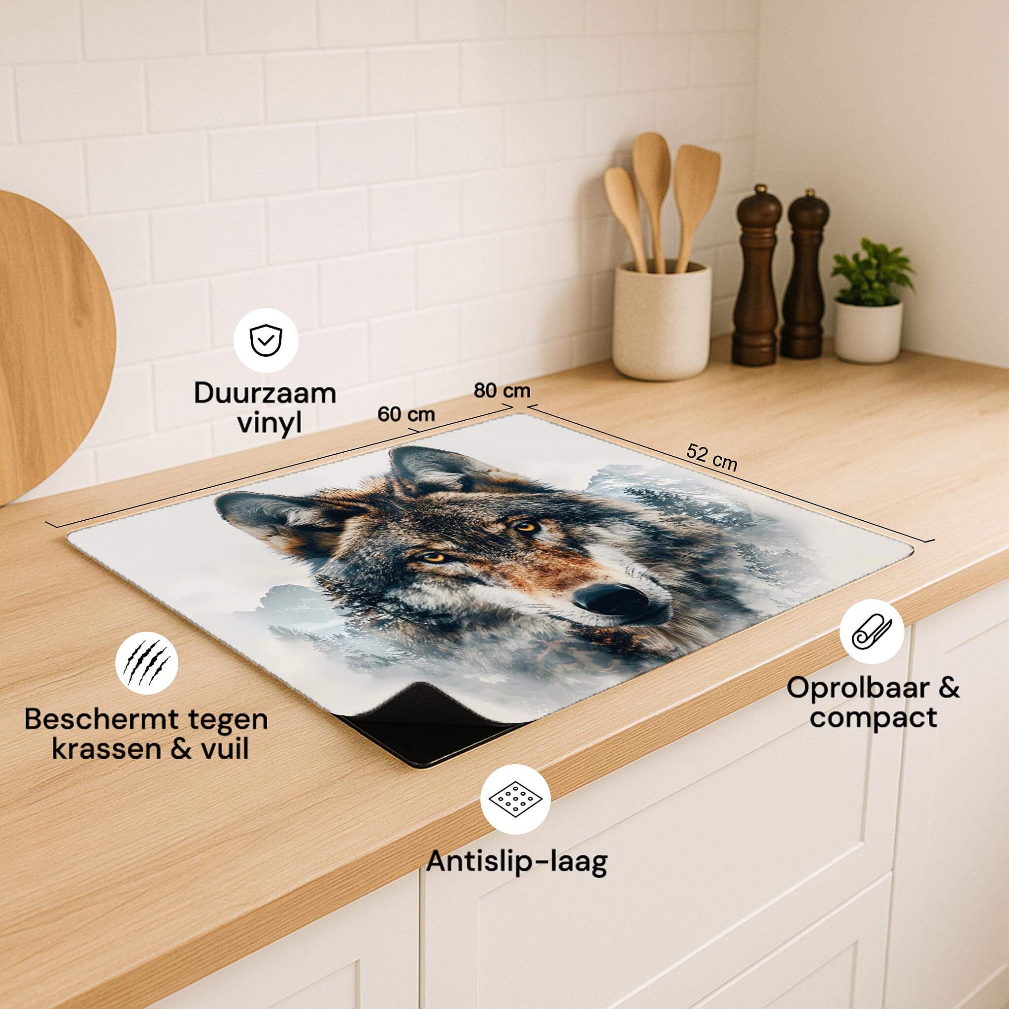 Inductiebeschermer Majestic Wolf met afmetingen en kenmerken, dierenprint keukenaccessoire