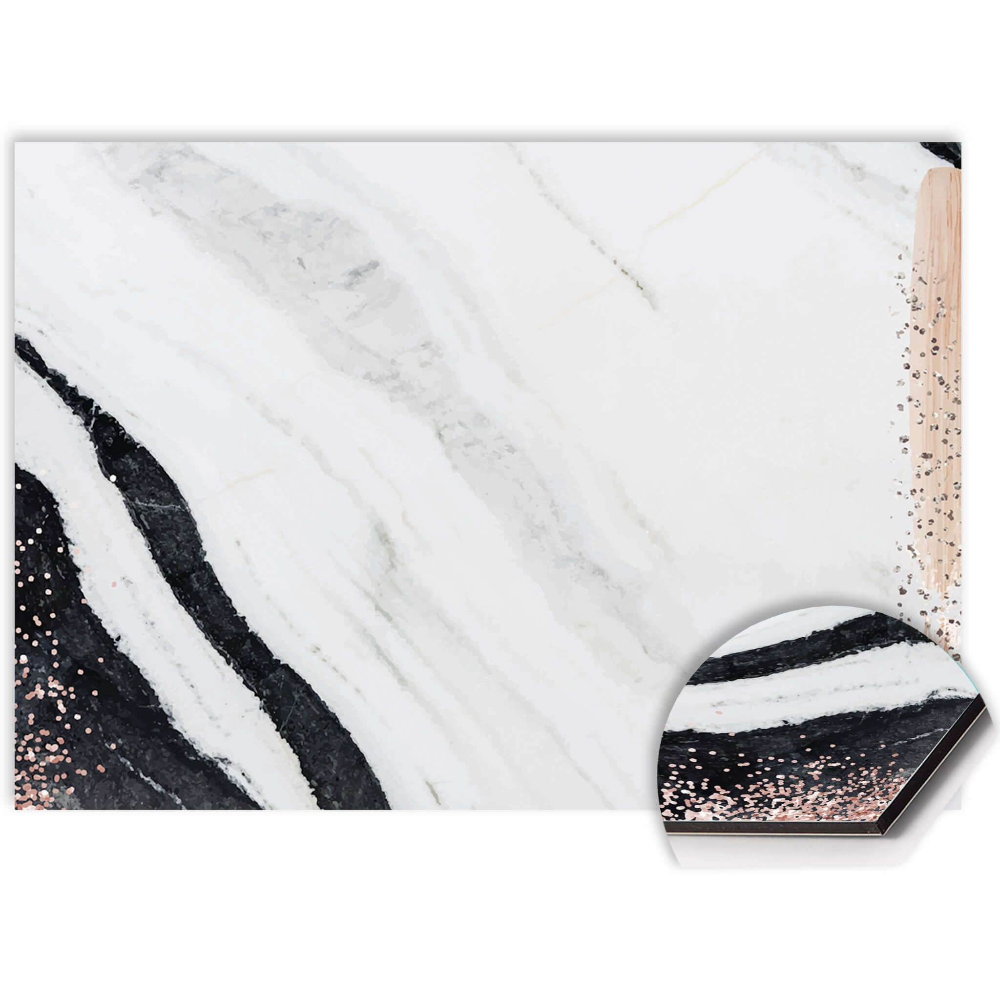 Detail van Marble Blush spatscherm met wit-zwarte marmerstructuur en blush accent