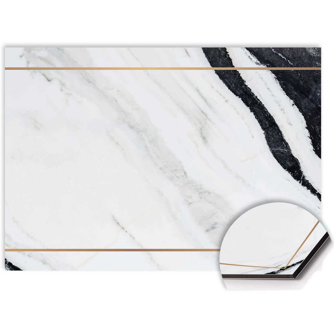 Close-up van Marble Modern spatscherm met marmerlook en gouden accent