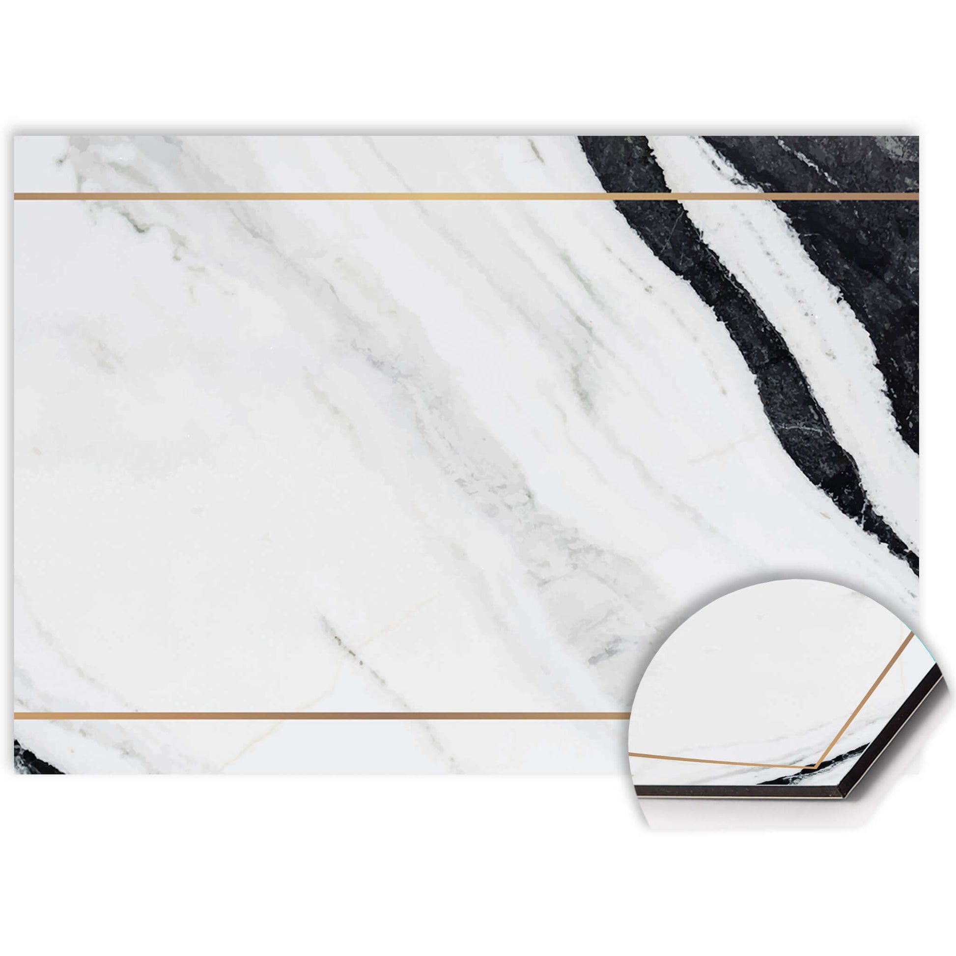 Close-up van Marble Modern spatscherm met marmerlook en gouden accent