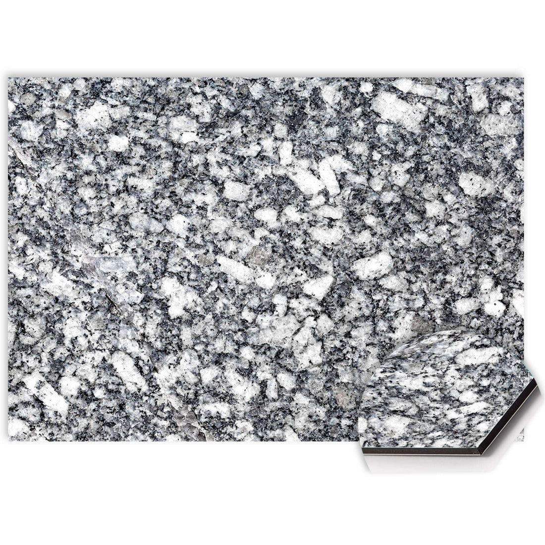 Close-up van Midnight Granite spatwand met blauwgrijze en witte granietstructuur op onderhoudsvriendelijk Aluminium Dibond