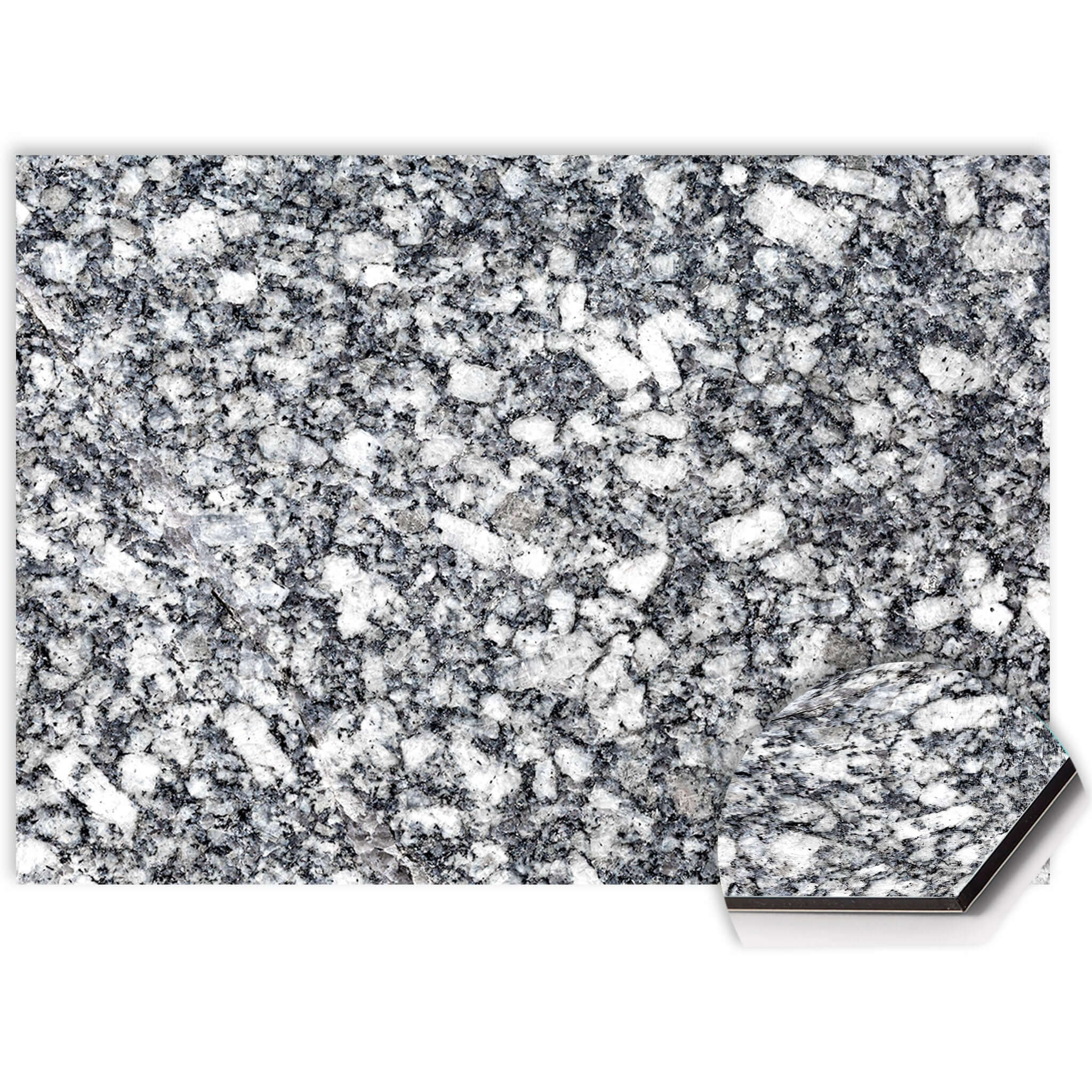 Close-up van Midnight Granite spatwand met blauwgrijze en witte granietstructuur op onderhoudsvriendelijk Aluminium Dibond