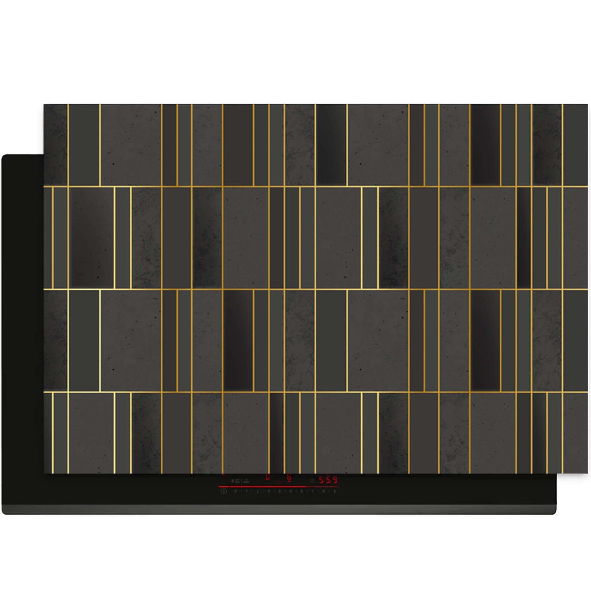 Luxe inductie beschermer Midnight Grid met geometrisch patroon in zwart en goud
