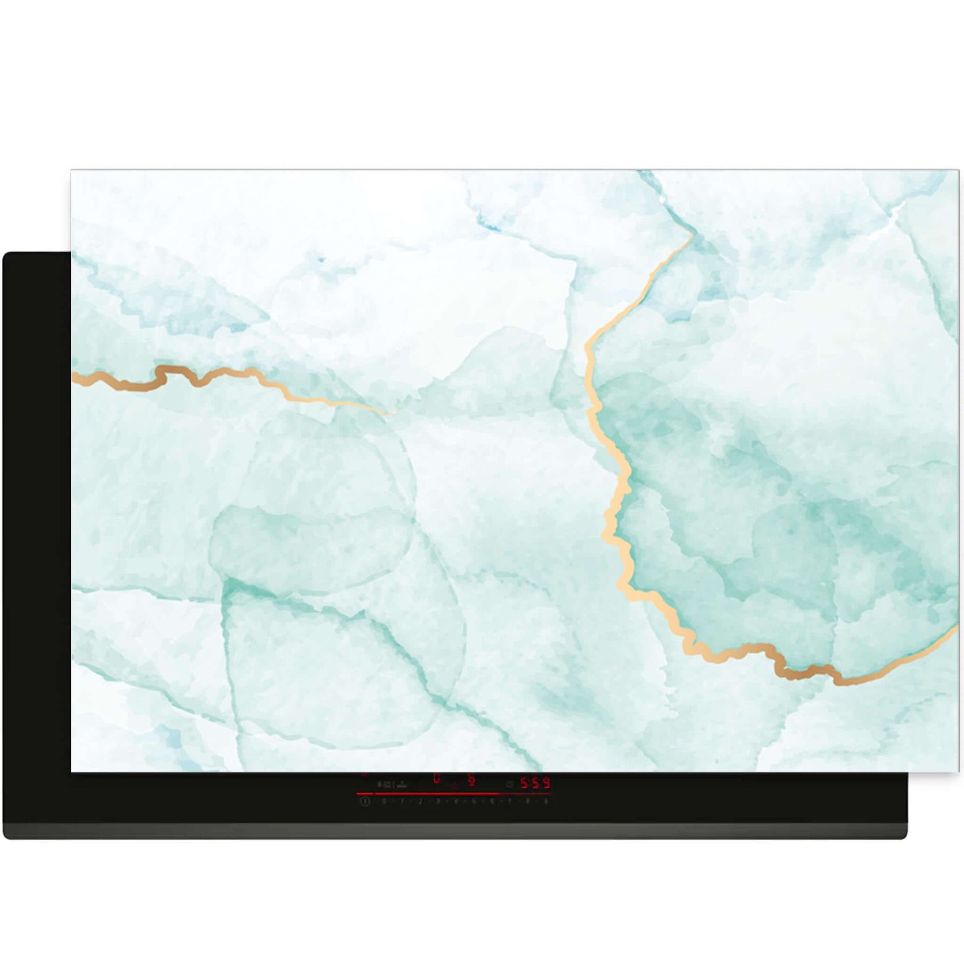 Misty Jade inductie beschermer in jadegroen marmerpatroon met gouden accenten, bovenaanzicht