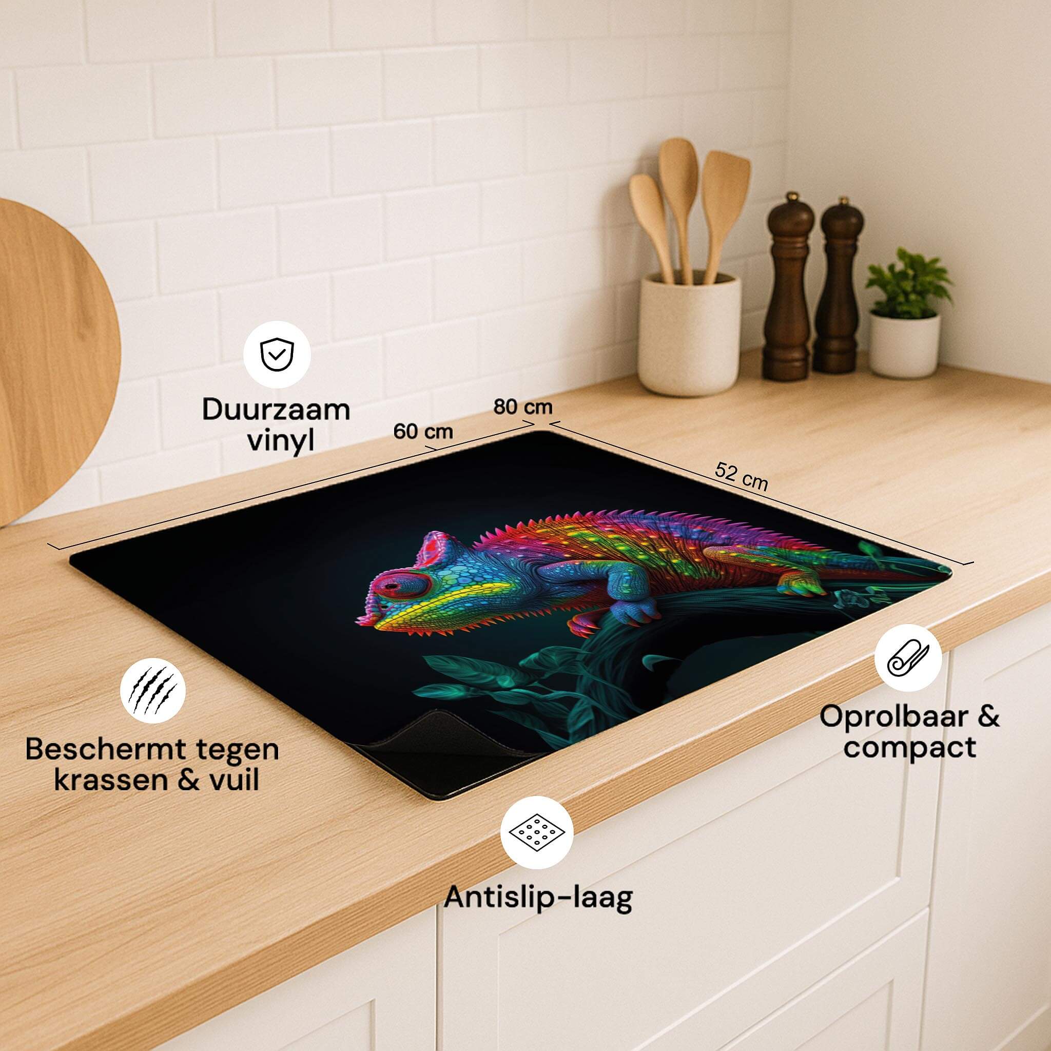 Neon Chameleon inductiebeschermer met maatvoering en productkenmerken