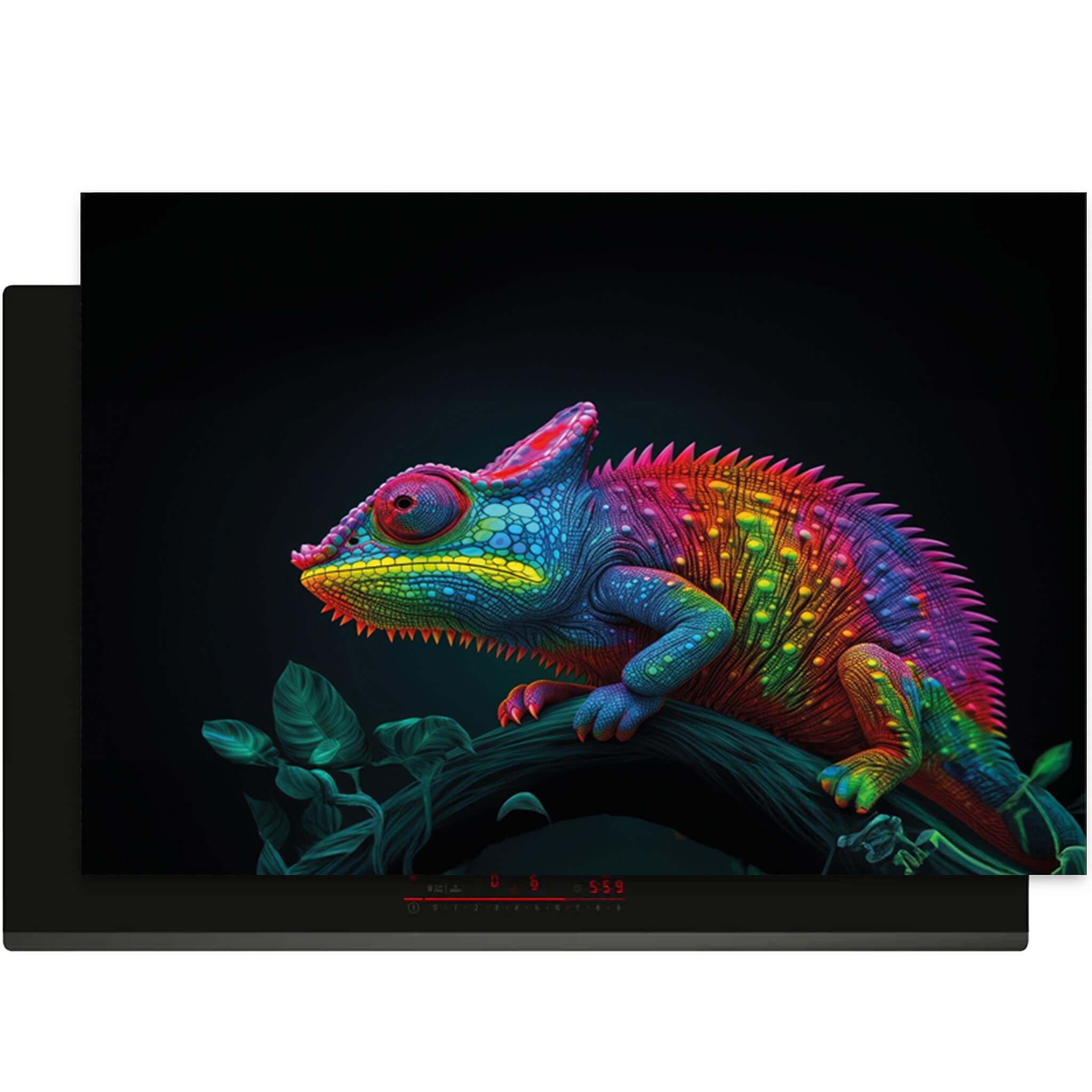 Inductiebeschermer met kleurrijke kameleon op zwarte achtergrond