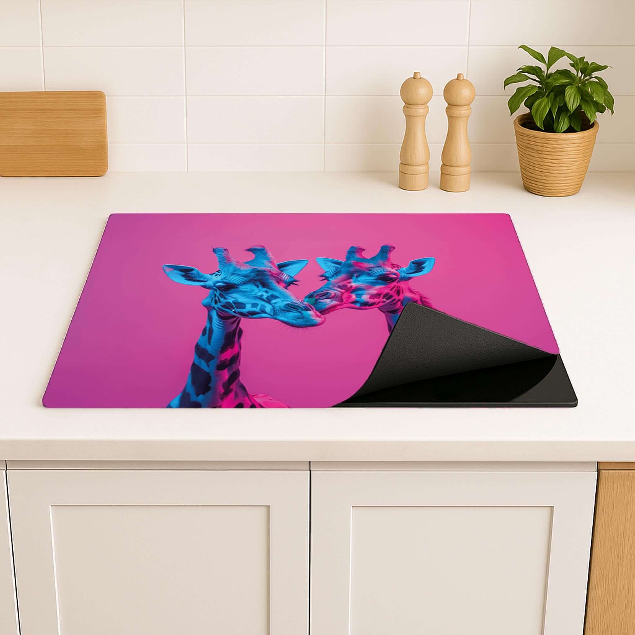 Detail van neon giraffen op inductiebeschermer