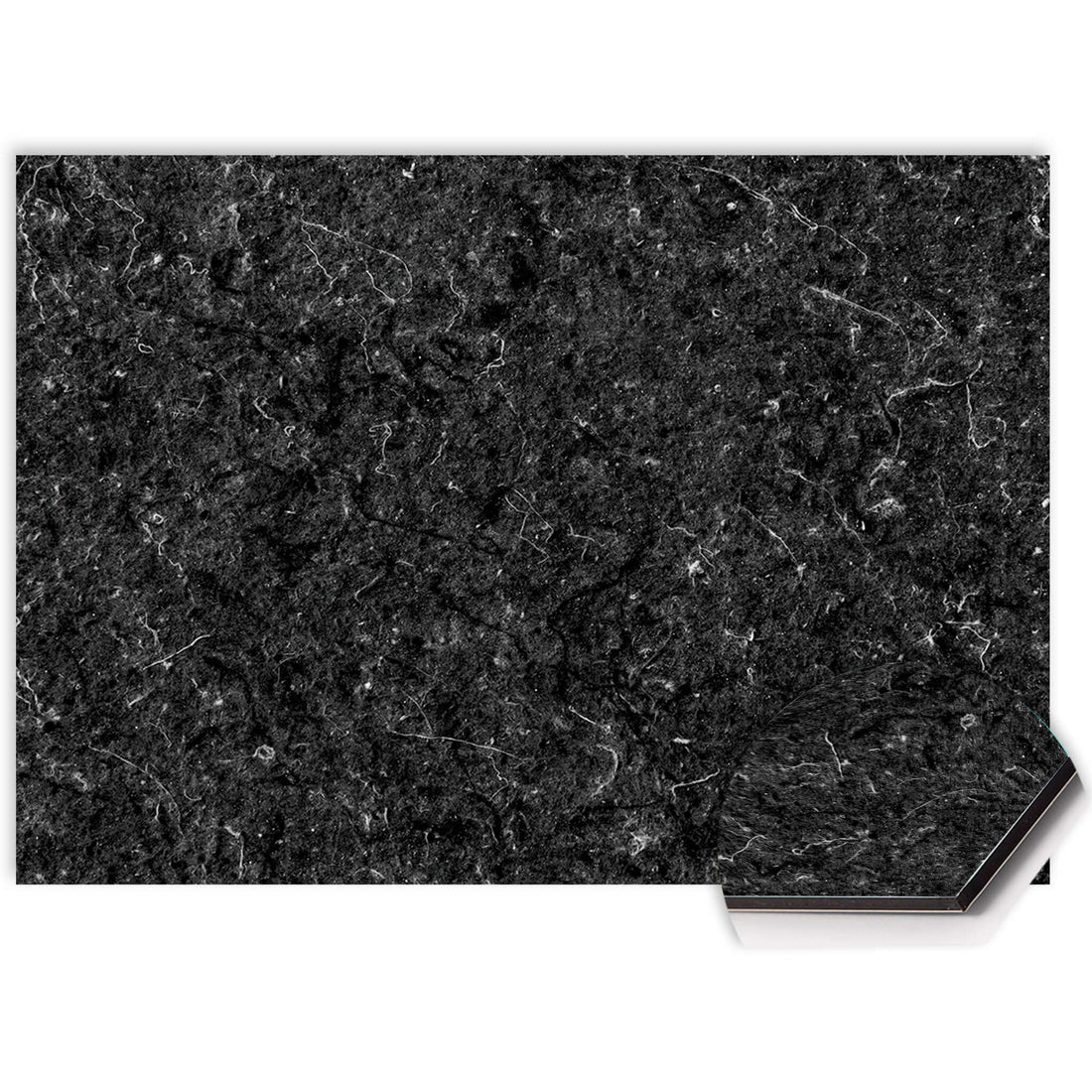 Close-up van Nero Marble spatwand met zwarte marmertextuur, krasvast en hittebestendig Aluminium Dibond