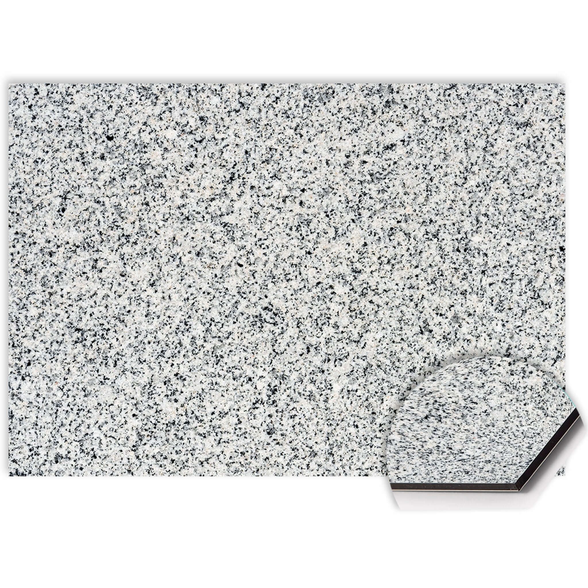 Detailweergave van de Nordic Mist spatwand met natuurgetrouwe granietstructuur, op stevig Aluminium Dibond