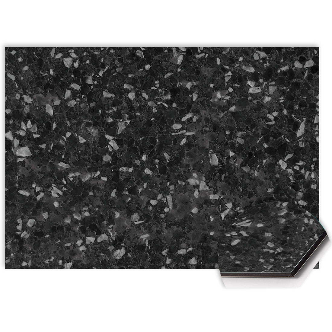 Close-up van Obsidian Granite spatwand met zwarte en grijze granietstructuur op onderhoudsvriendelijk Aluminium Dibond