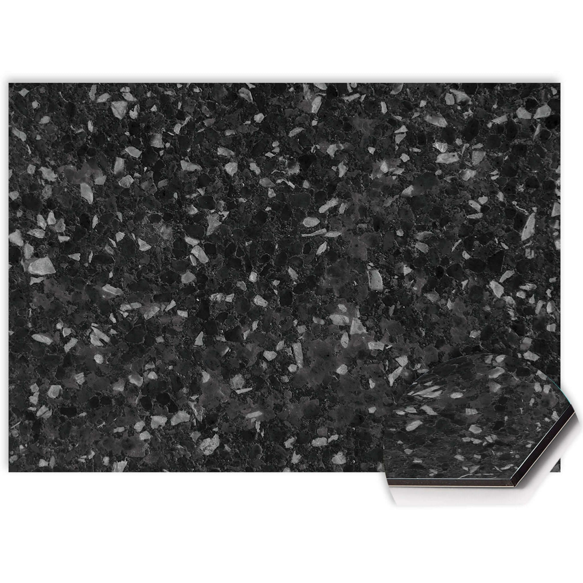 Close-up van Obsidian Granite spatwand met zwarte en grijze granietstructuur op onderhoudsvriendelijk Aluminium Dibond