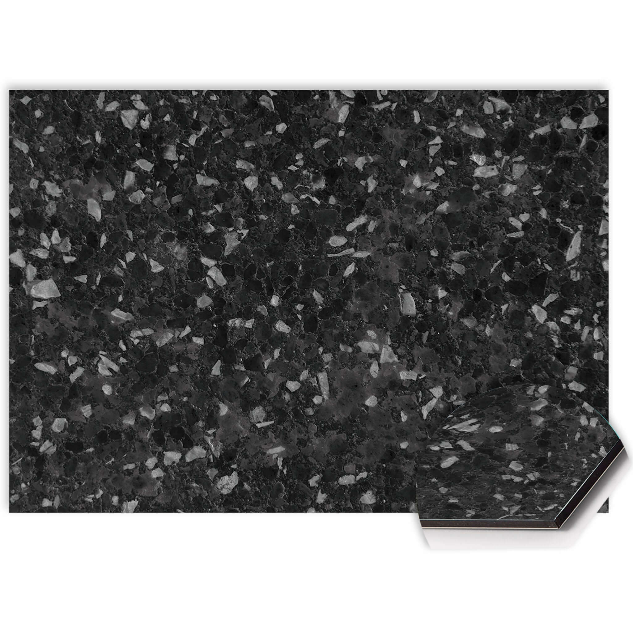 Close-up van Obsidian Granite spatwand met zwarte en grijze granietstructuur op onderhoudsvriendelijk Aluminium Dibond