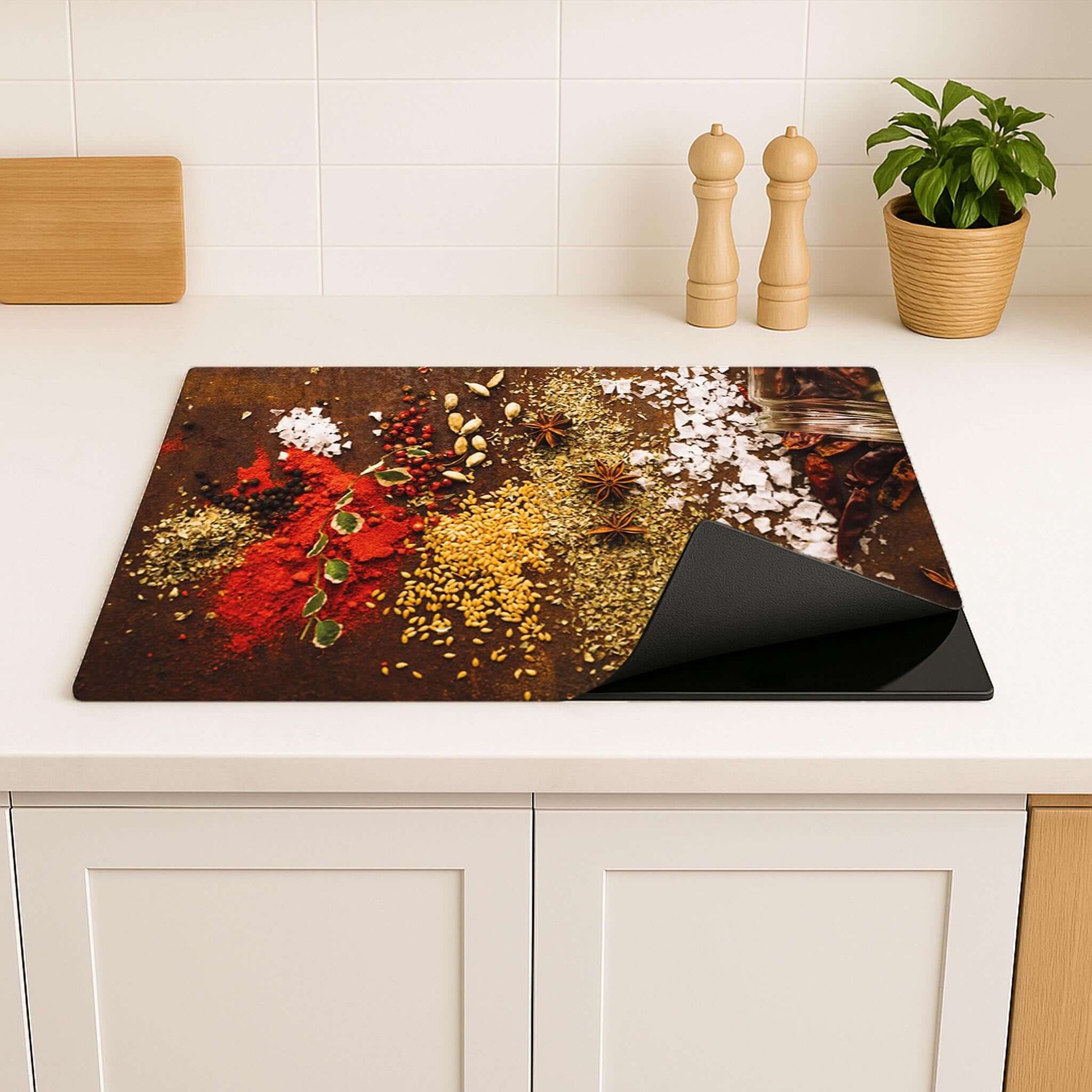 Flexibele inductiebeschermer met Spice Symphony ontwerp deels opgerold op aanrecht
