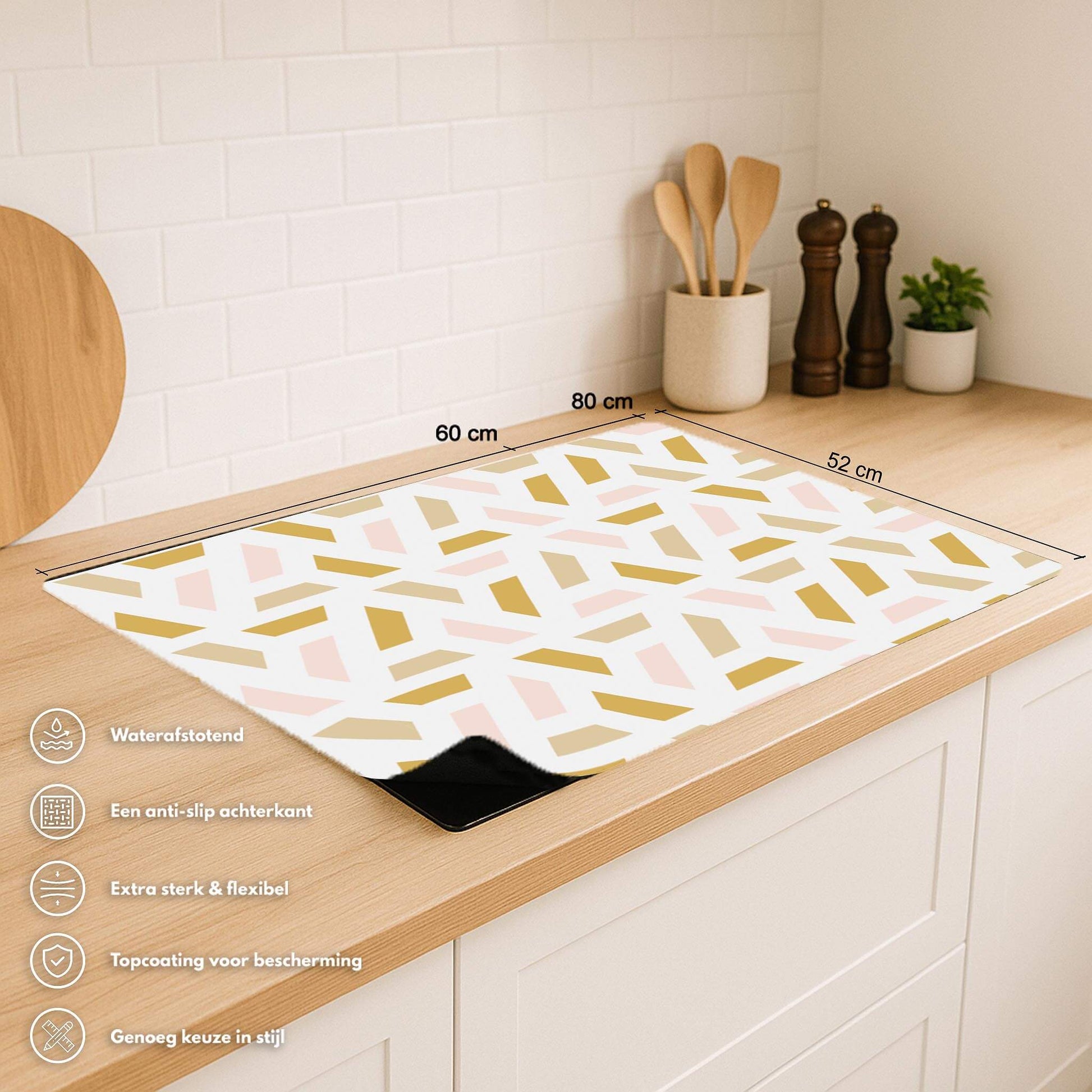 Overzicht van Pastel Harmony inductie beschermer met afmetingen en productvoordelen