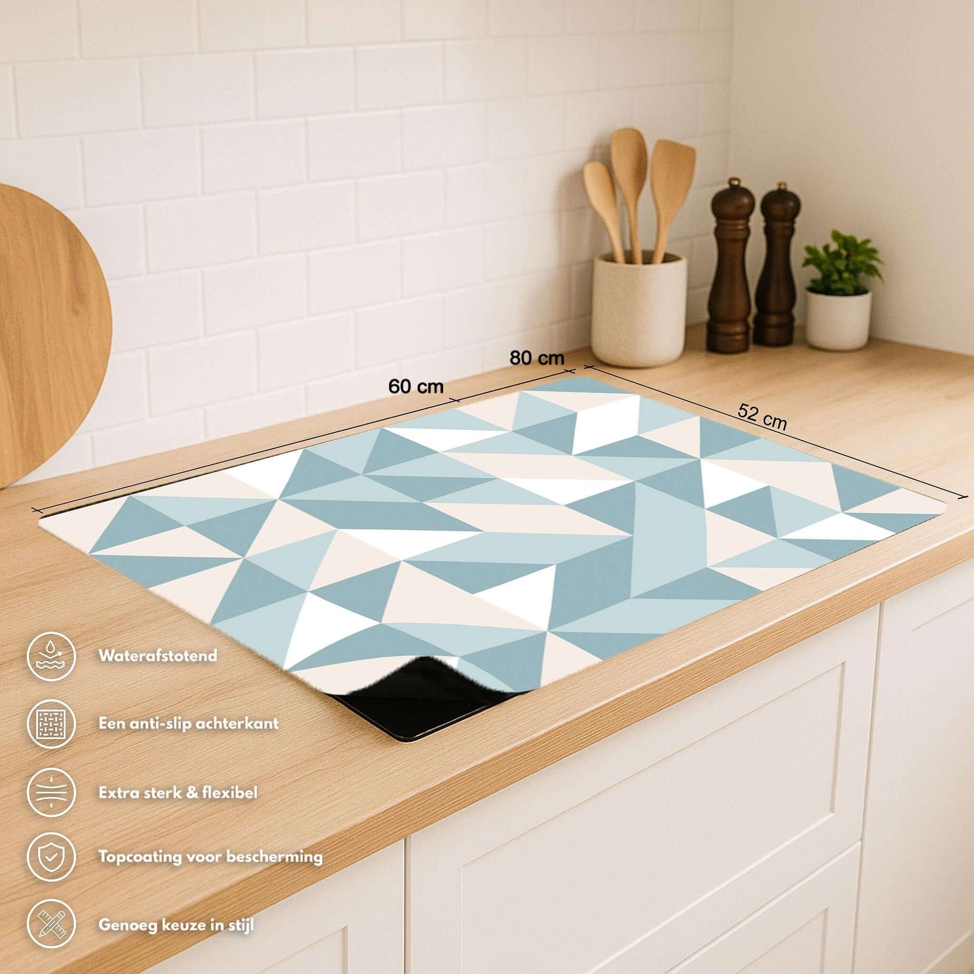 Overzicht van de Pastel Triangles inductie beschermer met afmetingen en productkenmerken
