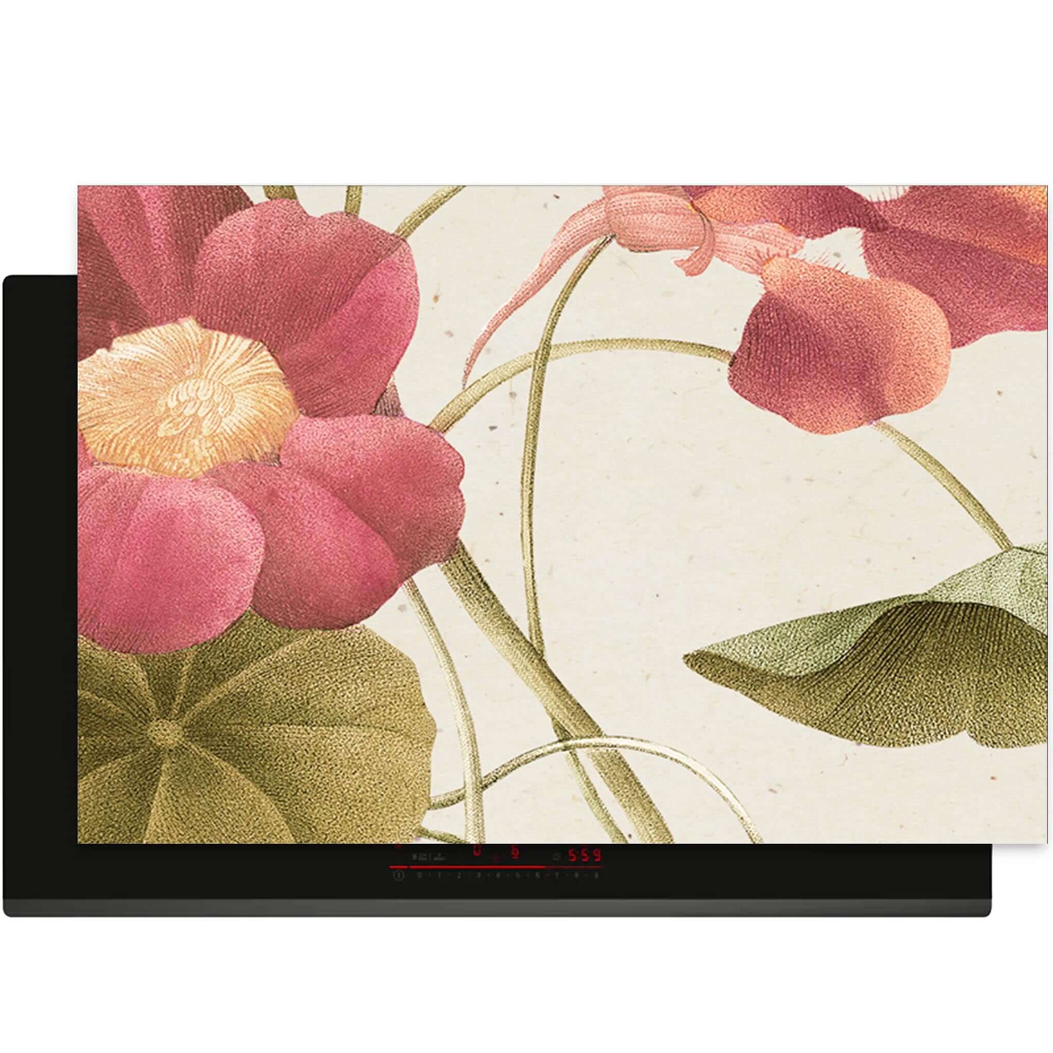 Close-up van de Petal Whisper inductiebeschermer met elegante bloemenprint in blush tinten.