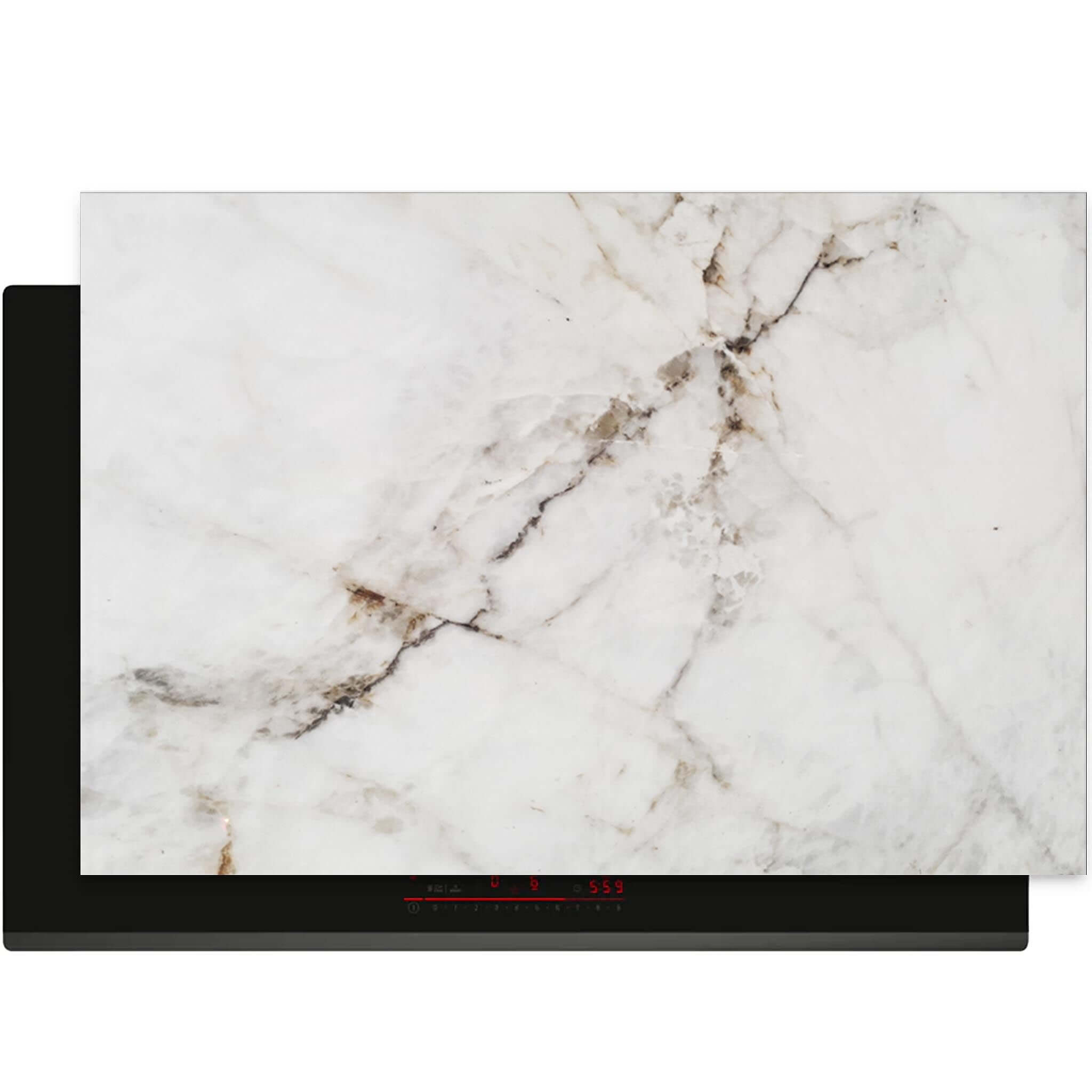 Bovenaanzicht van Pure Marble inductie beschermer met luxe wit marmerdesign