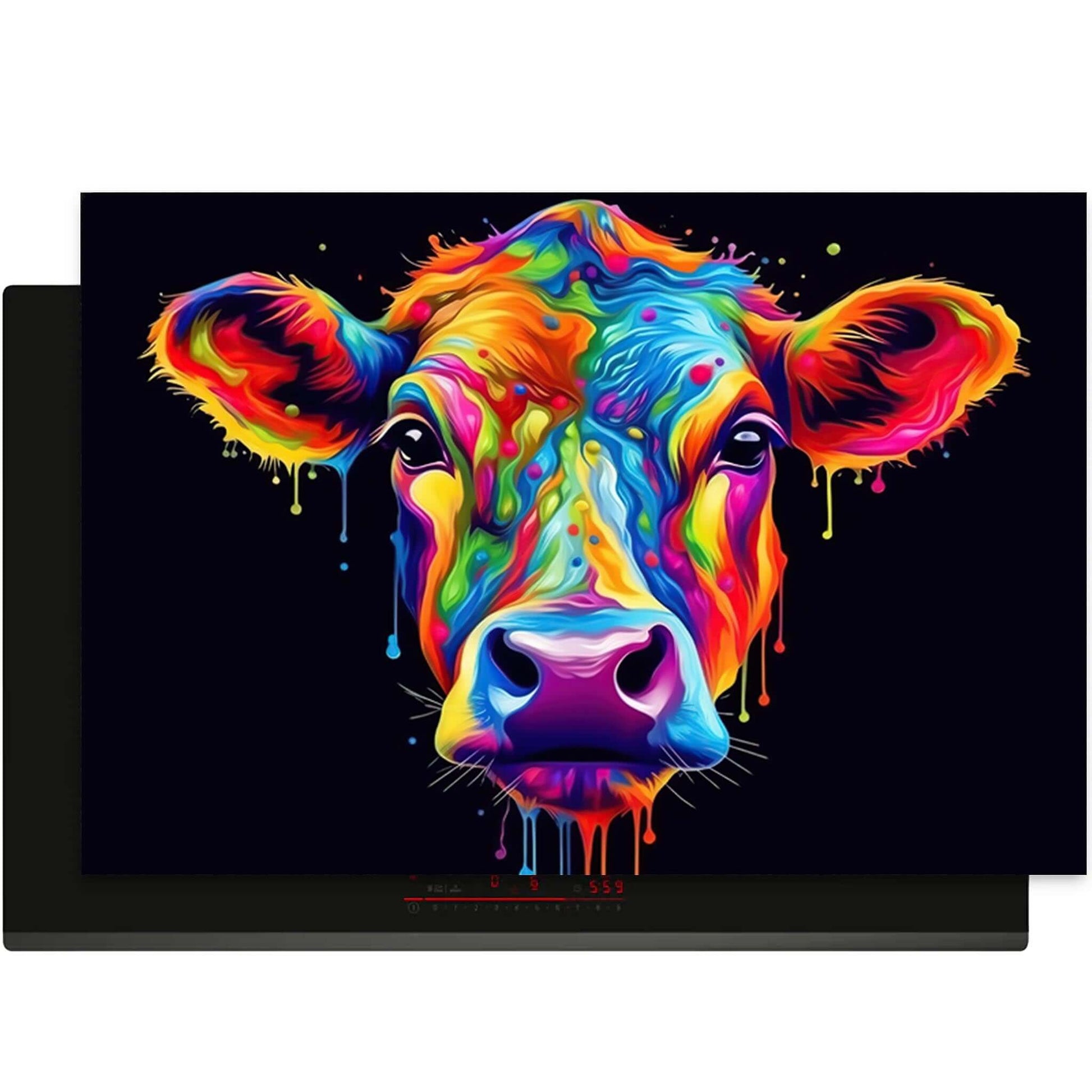 Colorful artistic cow illustration on a black background, vibrant and modern design.