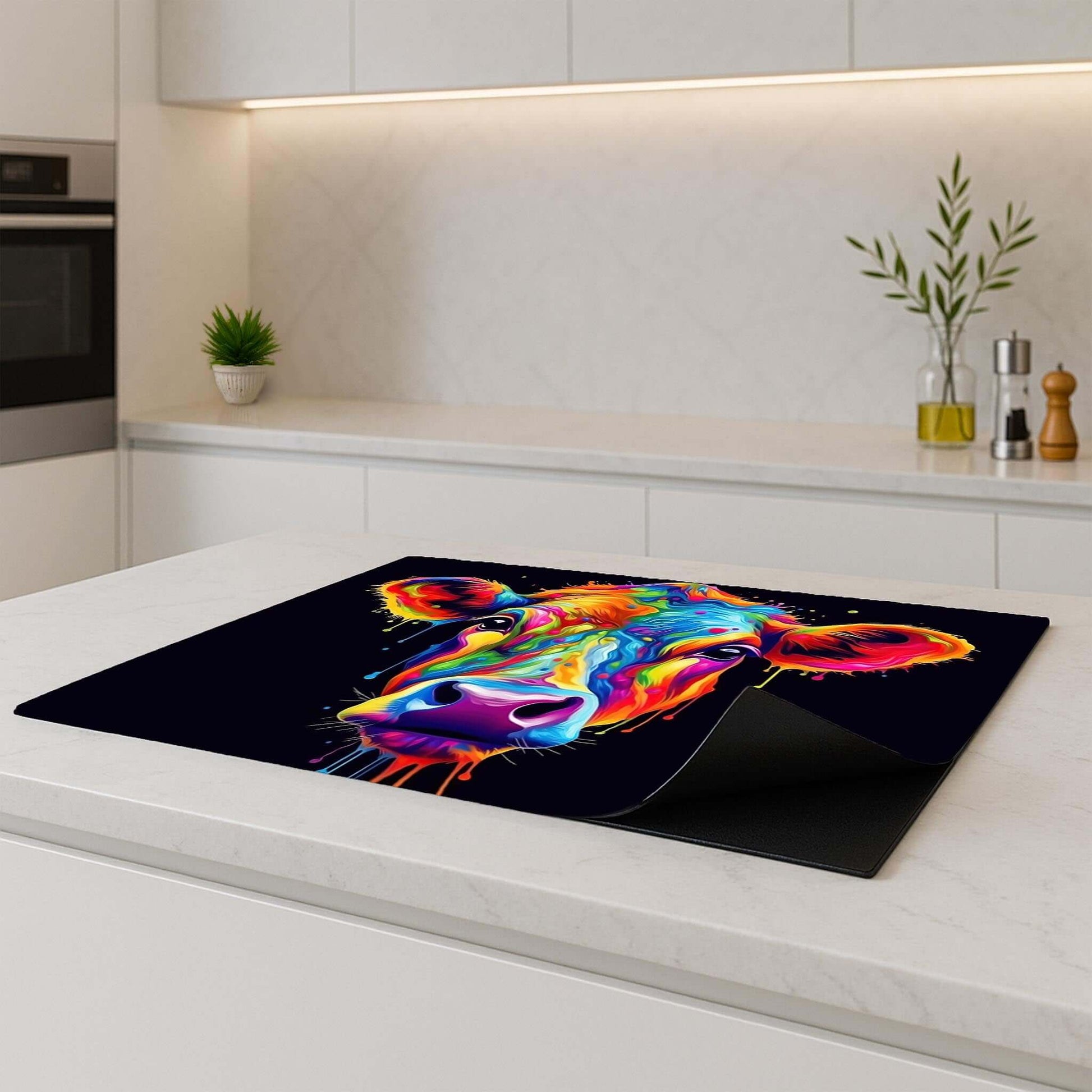 Vibrant Rainbow Graze Inductie Beschermer featuring a colorful cow design on a modern kitchen countertop.