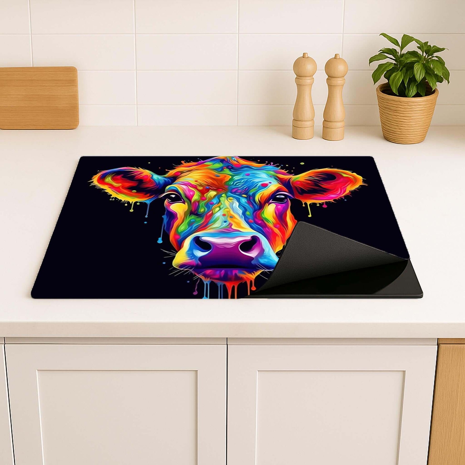 Kleurrijke koe kunst op inductiebeschermer voor stijlvol en functioneel koken.