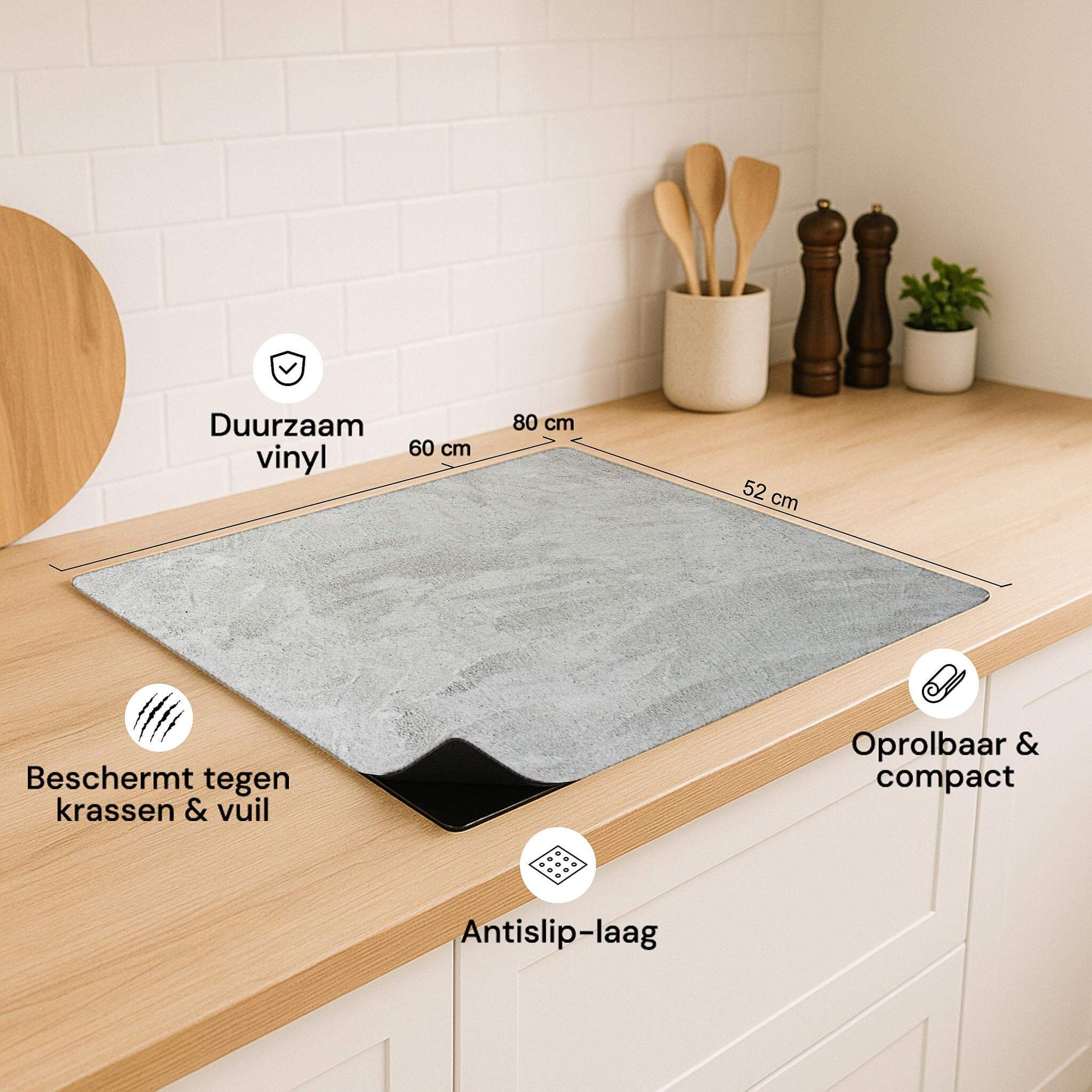 Soft Concrete Finish inductiebeschermer met afmetingen en eigenschappen in keuken