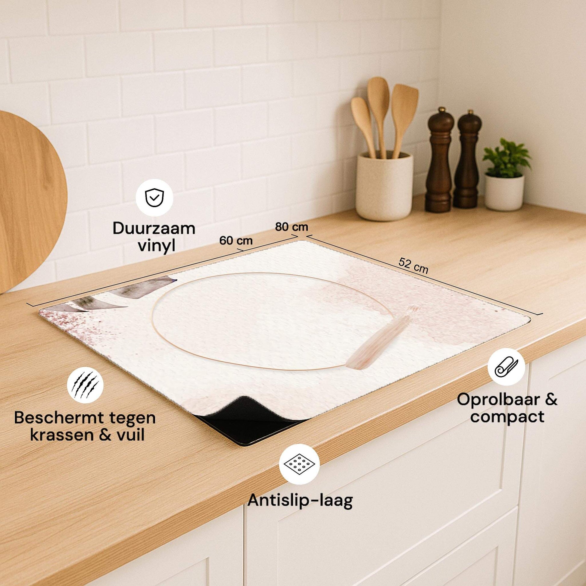 Productvoordelen Soft Harmony inductie beschermer: duurzaam vinyl, antislip en oprolbaar.
