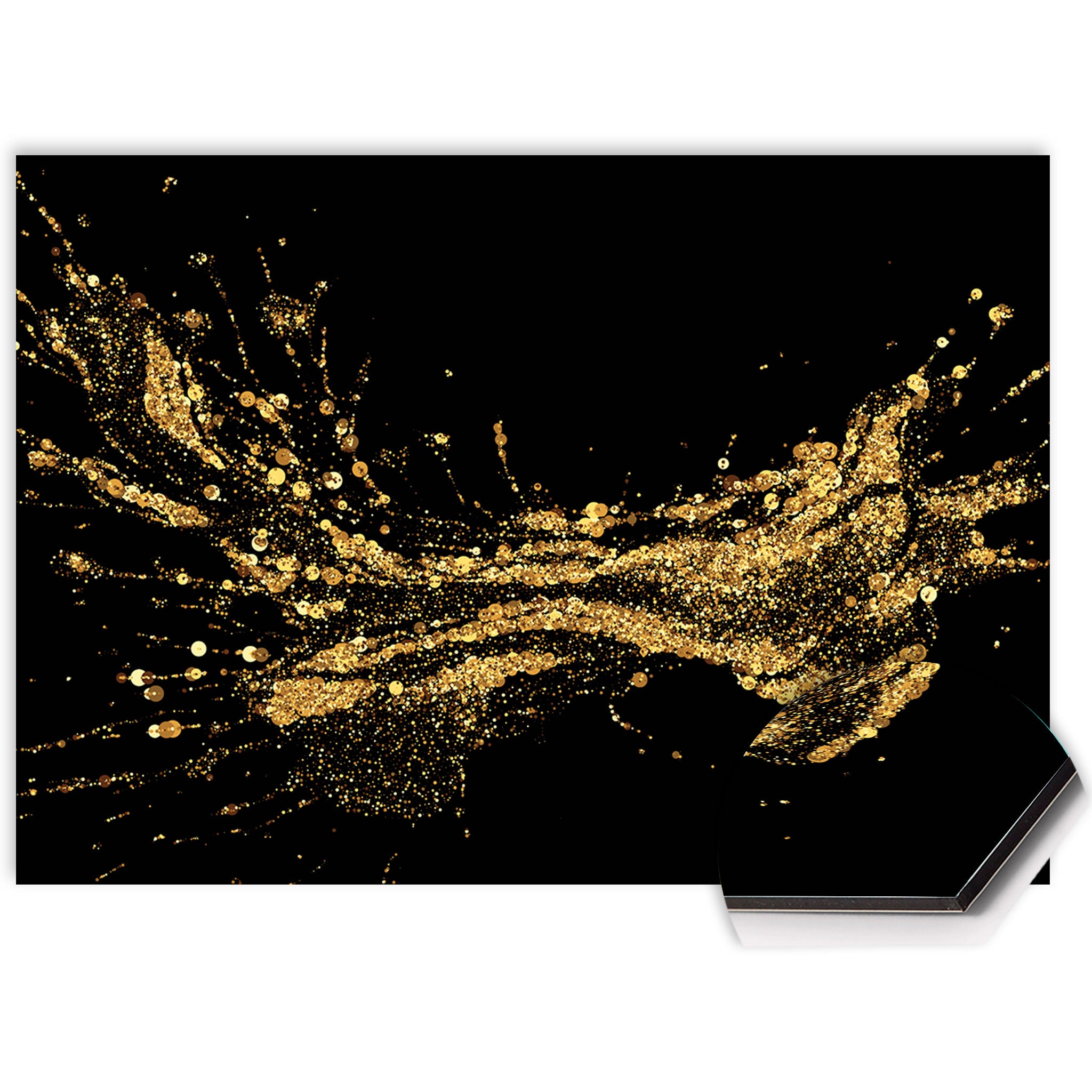 Close-up van Golden Splash spatscherm in zwart met gouden spetters, KitchenArt