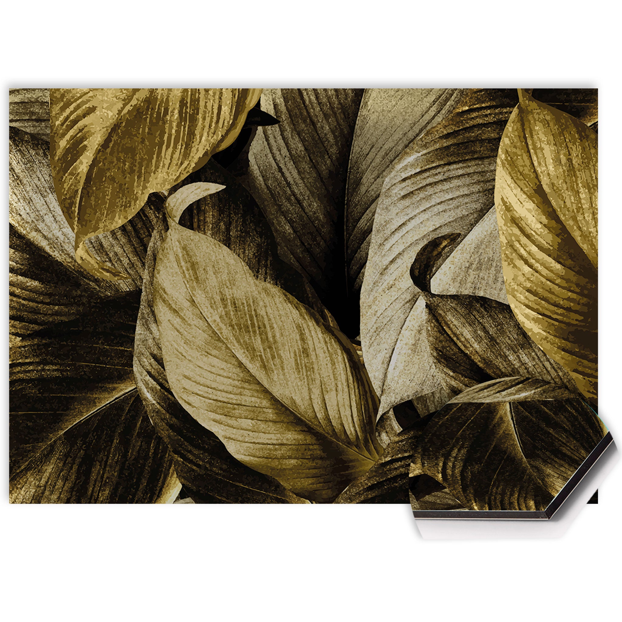 Close-up van spatscherm keuken Golden Leaves uit de Luxury Gold collectie met gouden bladmotief.