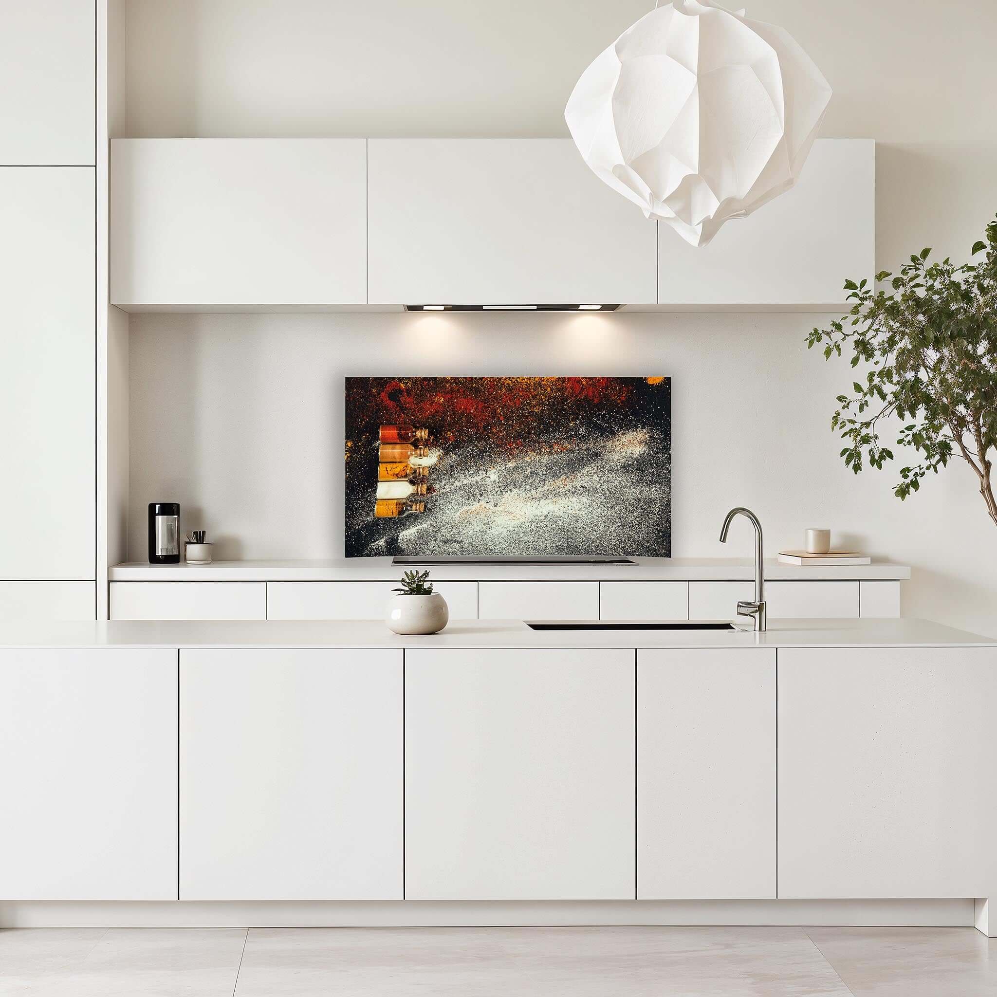 Modern spatscherm Spice Bottles met kruiden in een witte keuken