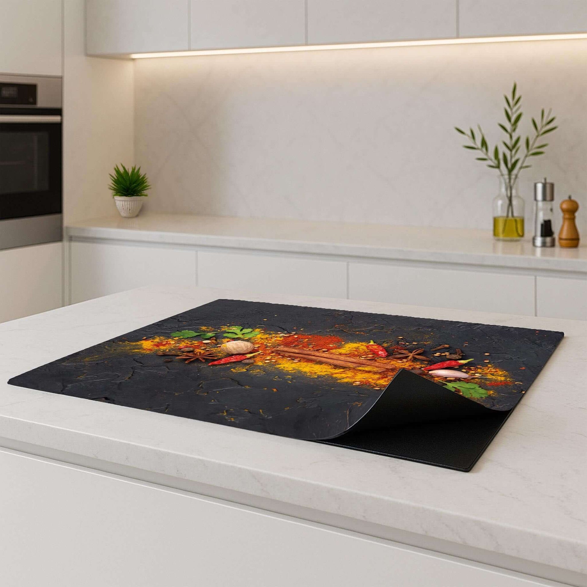 Spice Canvas inductie beschermer op een kookeiland in een moderne keuken.