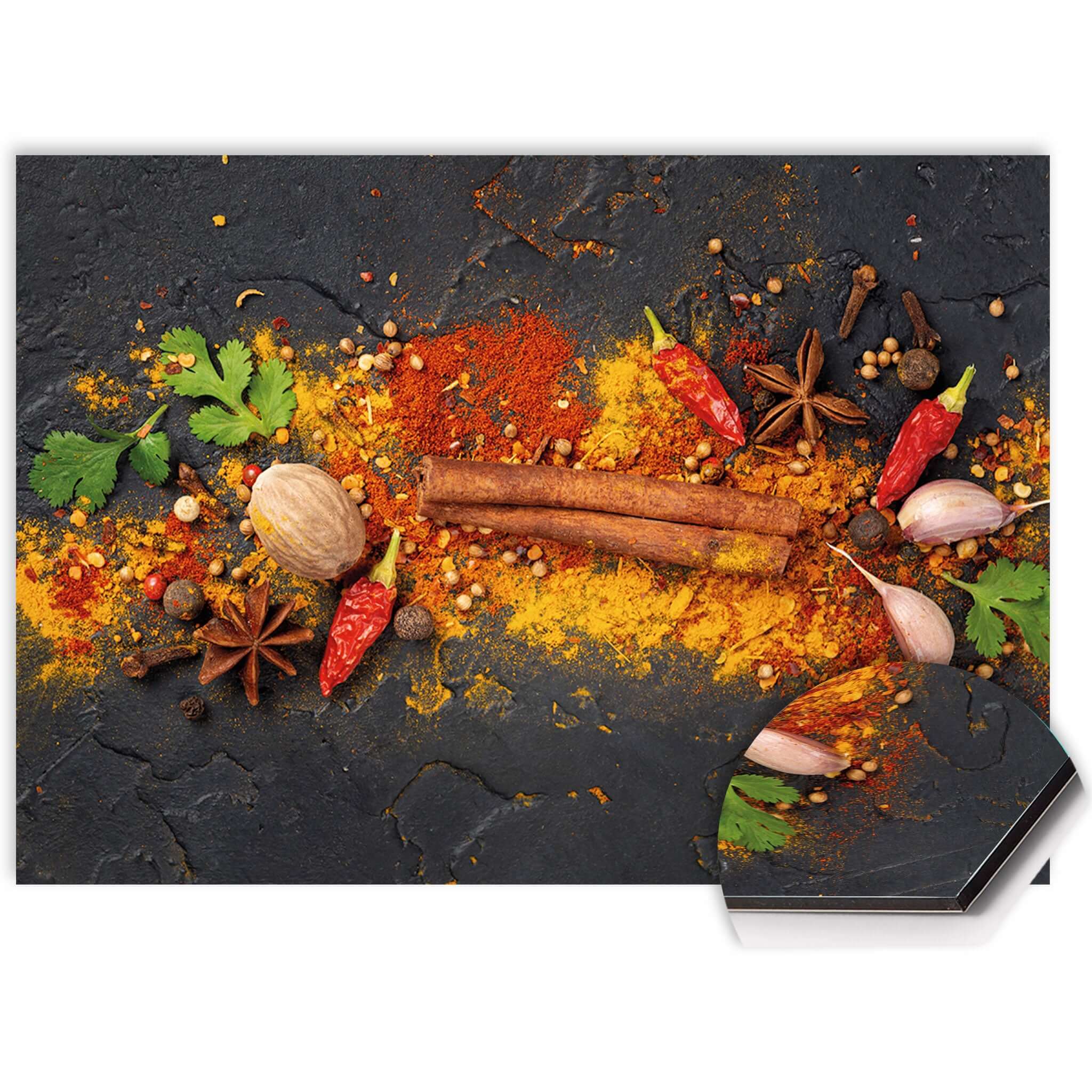 Close-up van Spice Canvas spatscherm met kleurrijke kruiden en specerijen