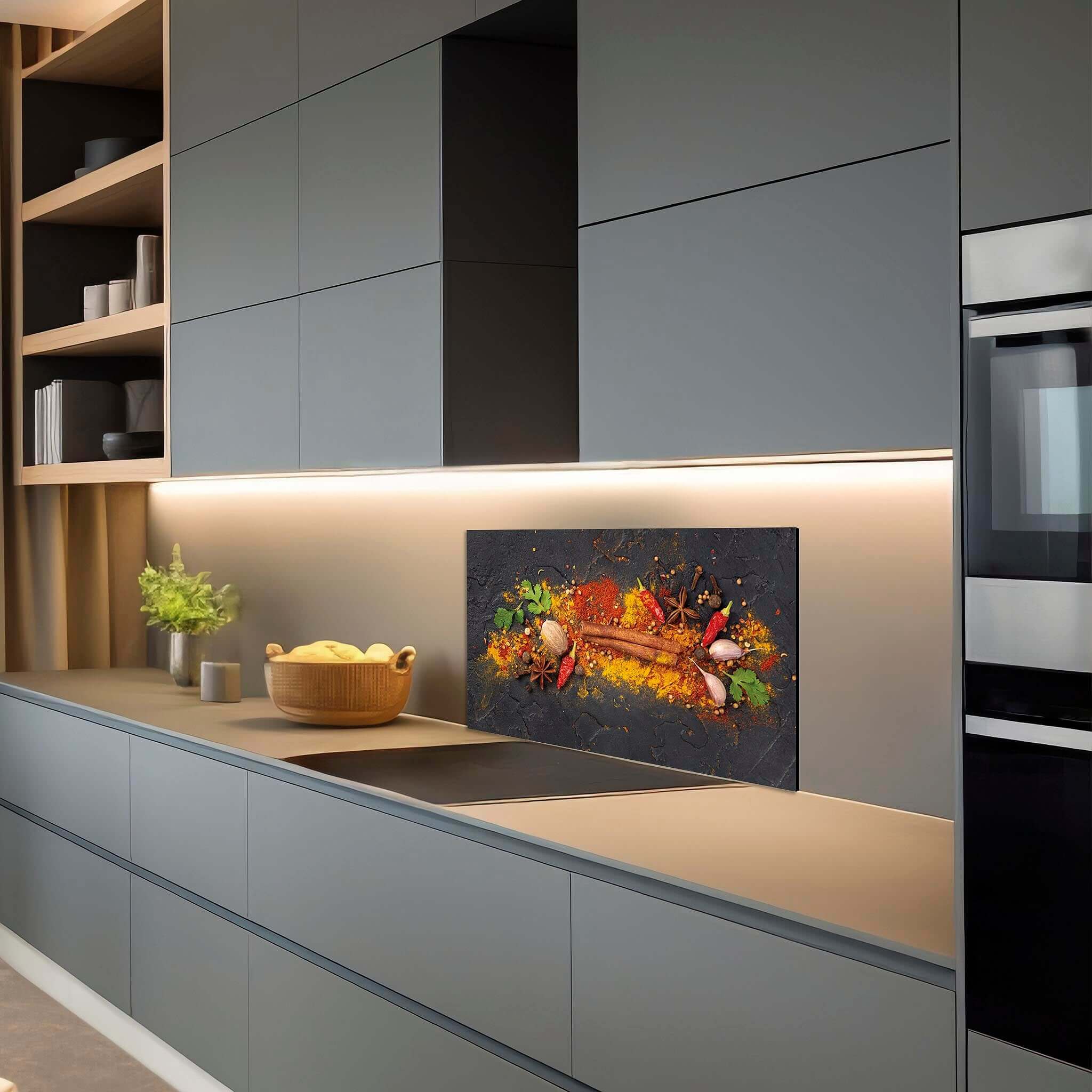 Spice Canvas spatscherm in strakke donkere keuken met sfeervolle verlichting