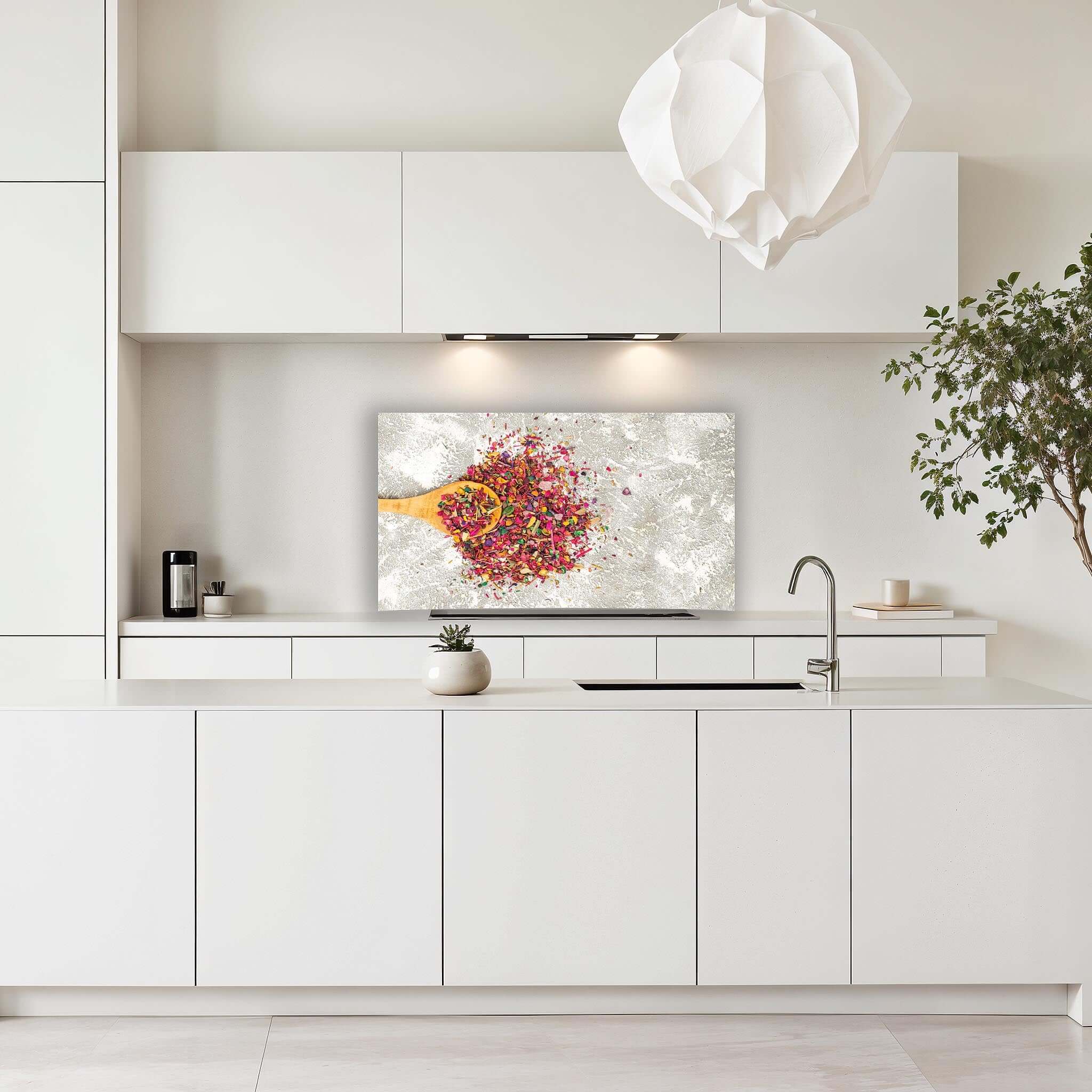 Keuken met wit interieur en Spice Delight spatscherm met kleurrijke kruiden