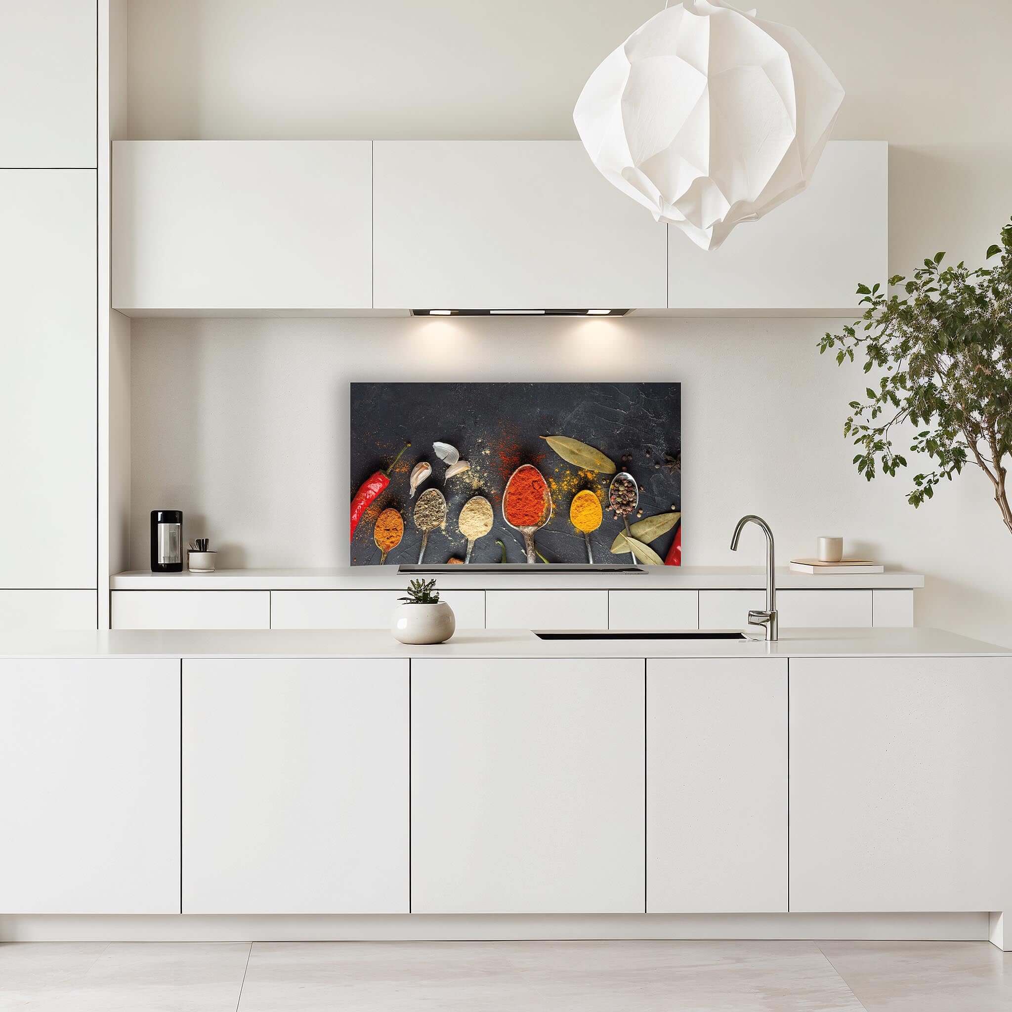 Spice Essence spatscherm gemonteerd in een moderne witte keuken