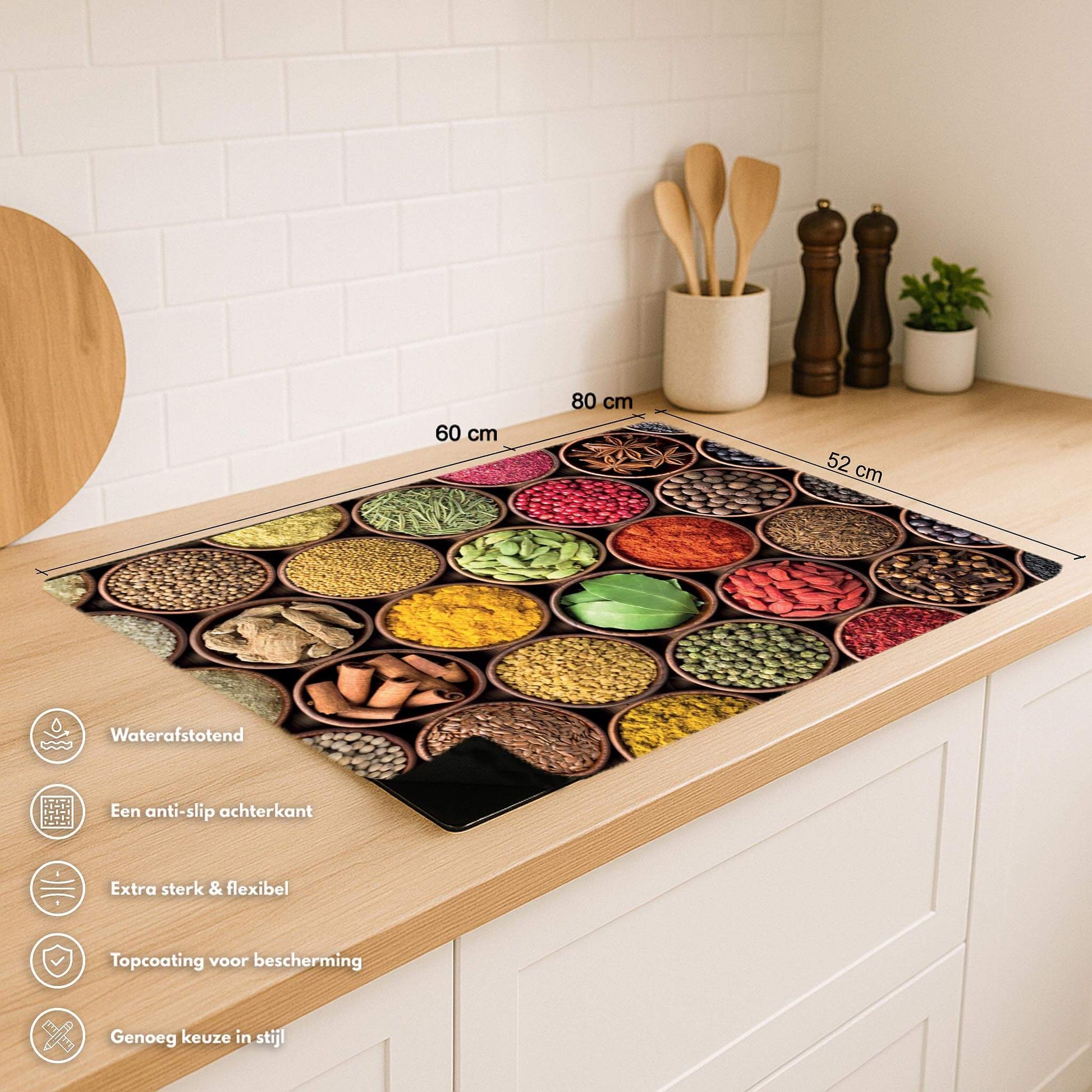 Spice Harmony inductie beschermer met afmetingen en iconen voor eigenschappen
