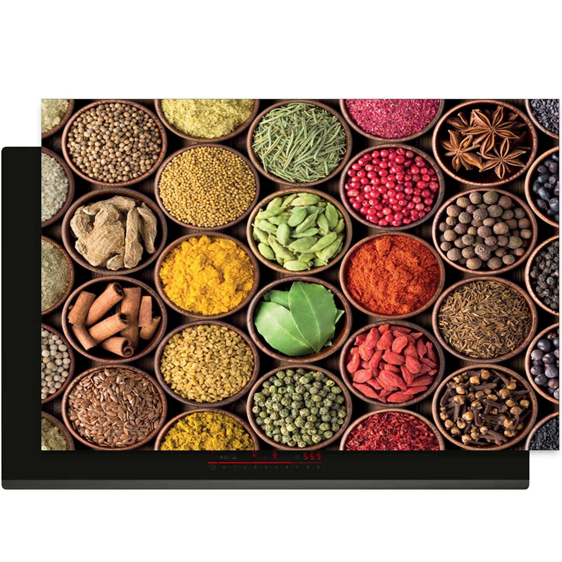 Top view van de Spice Harmony inductie beschermer met kleurrijke kruiden