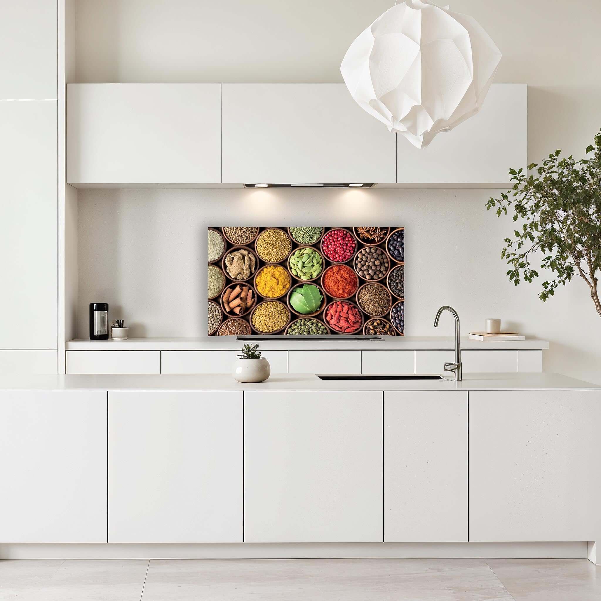 Spice Harmony spatscherm met kleurrijke kruiden in moderne witte keuken