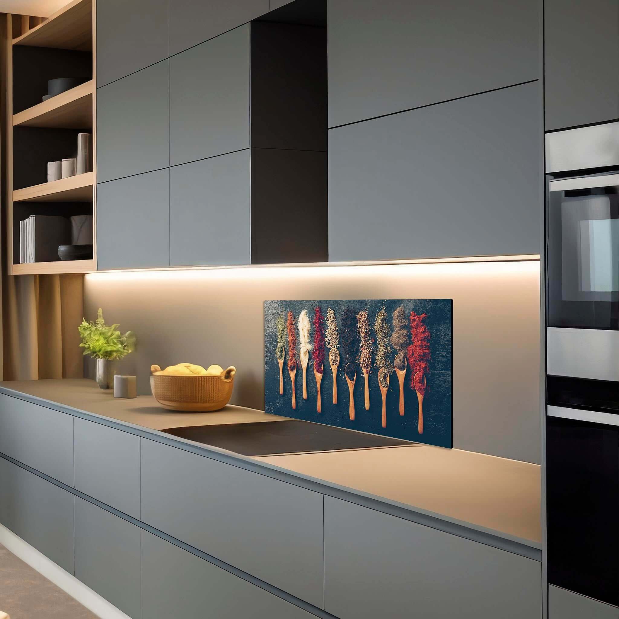 Donkere keuken met spatscherm Spice Palette vol specerijen en kruiden