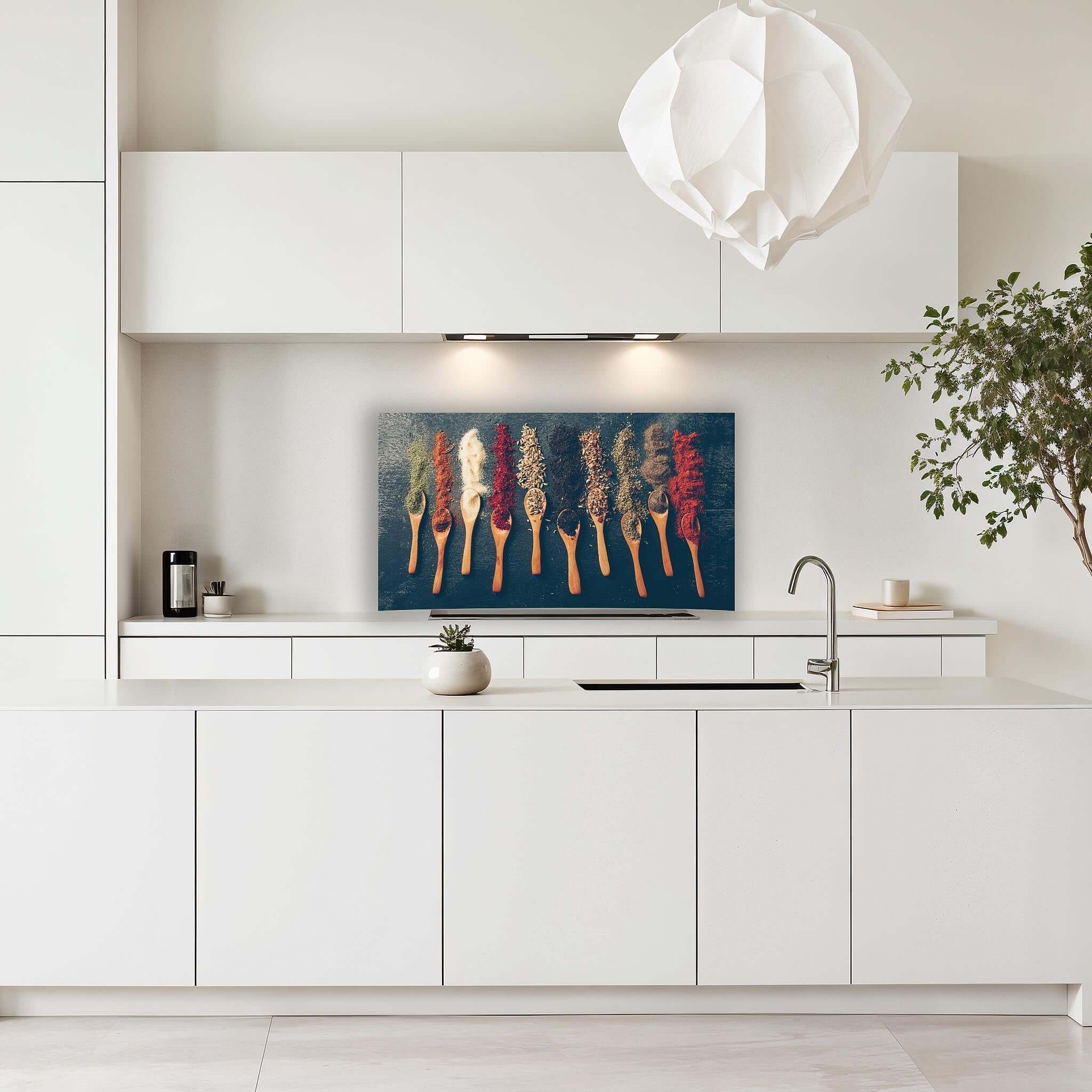 Witte keuken met Spice Palette spatscherm met kleurrijke kruiden
