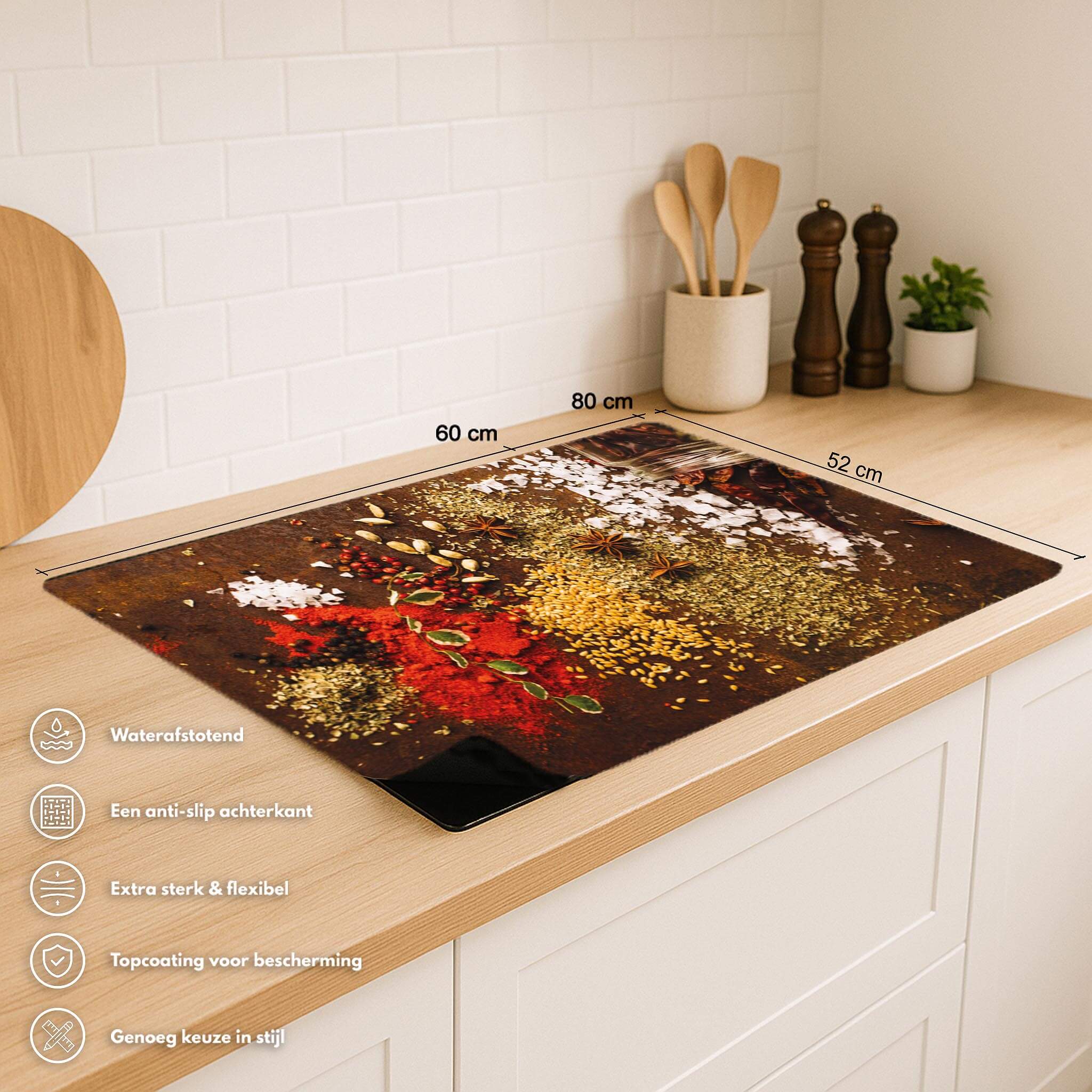 Inductiebeschermer met kleurrijke kruidenmix en afmetingen in moderne keuken