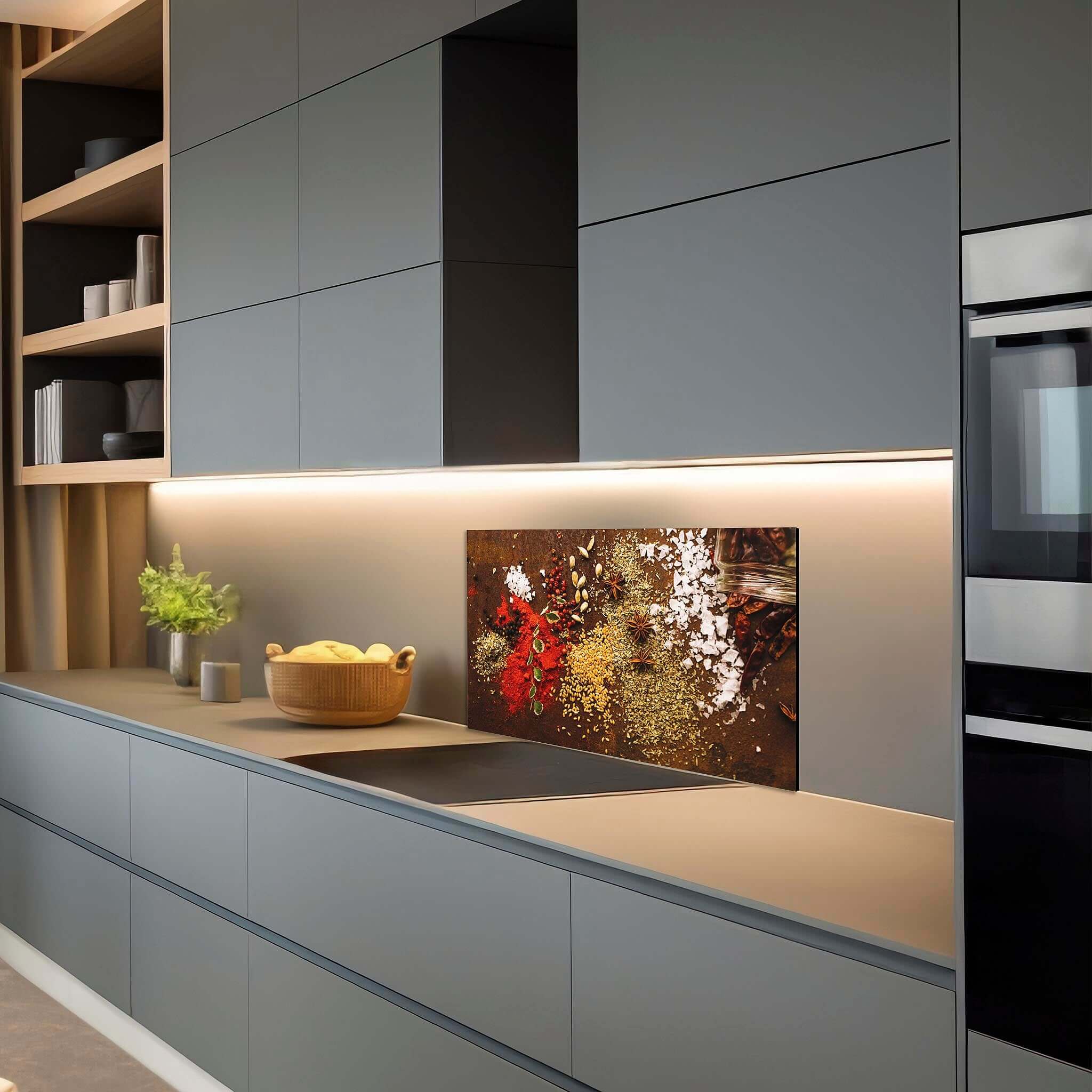 Spice Symphony spatscherm in keuken, kleurrijke kruiden