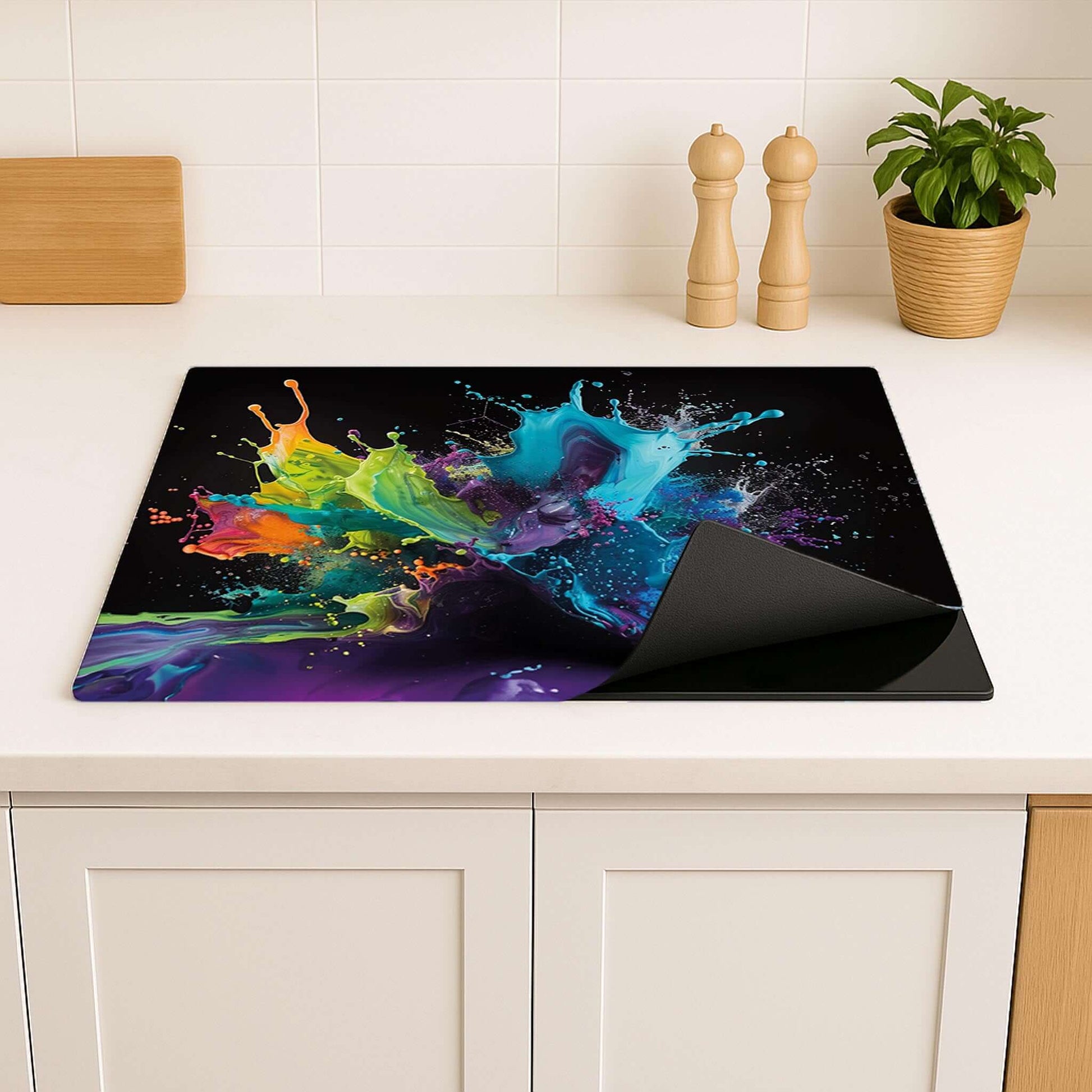 Detail van Splash Spectrum inductiebeschermer met spetterende kleuren