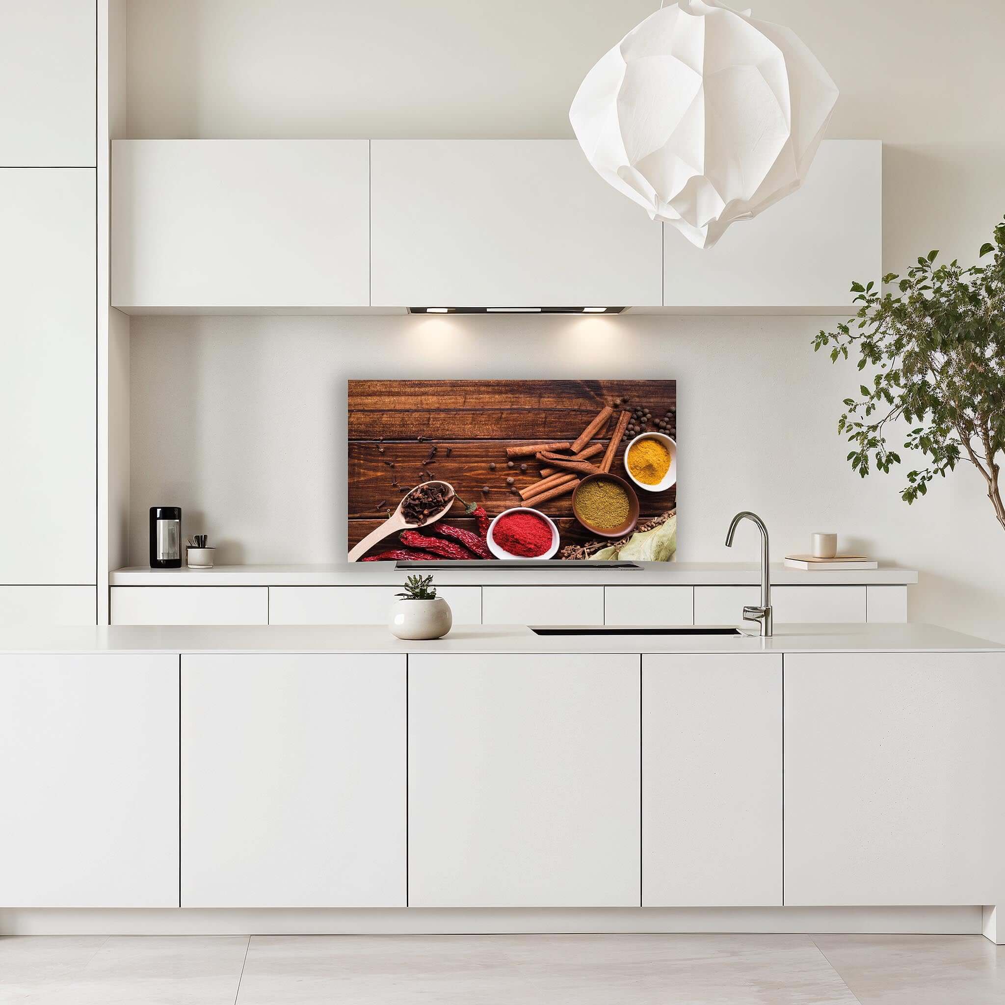 Warm Spice Harmony spatscherm gemonteerd in witte keuken