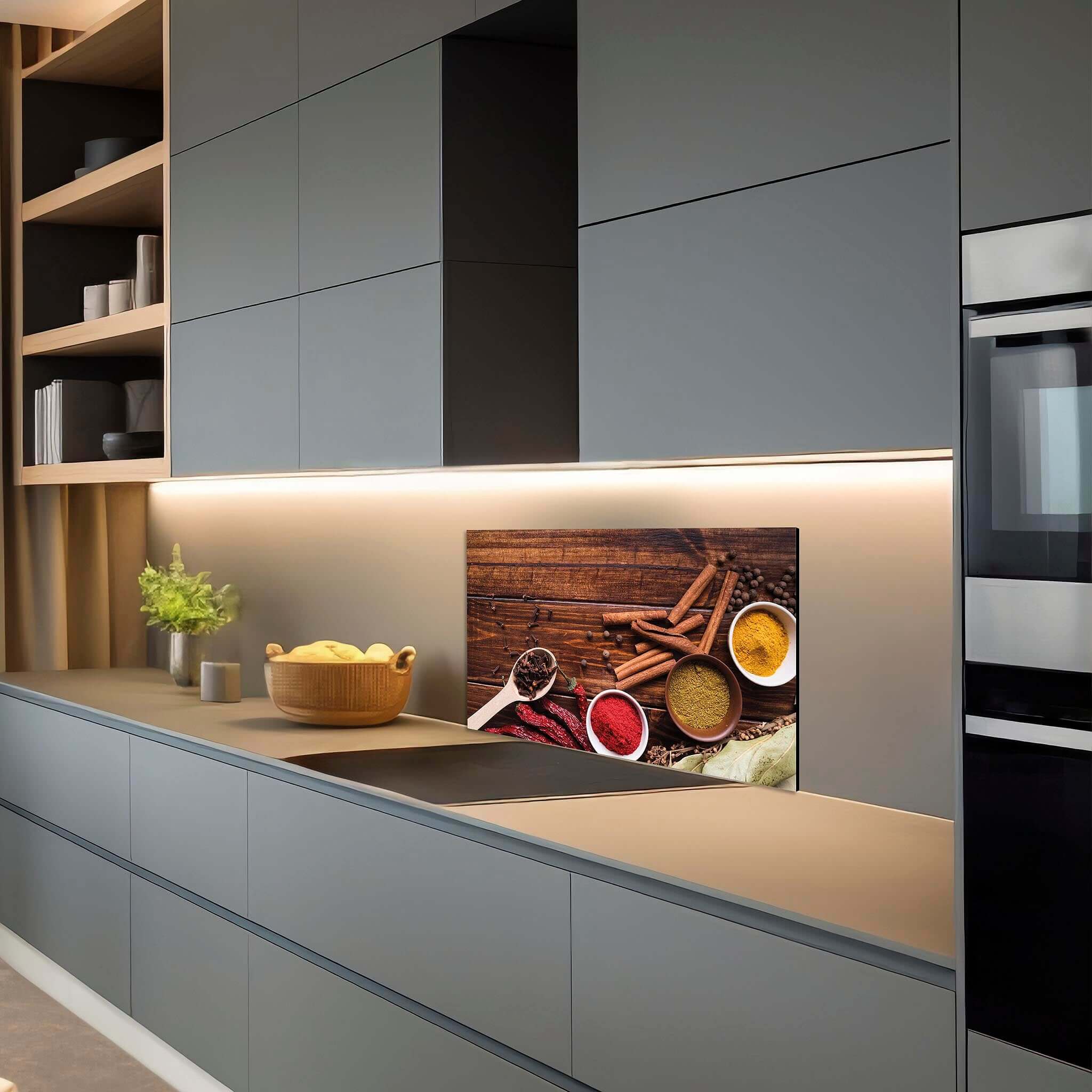 Decoratief spatscherm Warm Spice Harmony in grijze keuken met houtaccenten