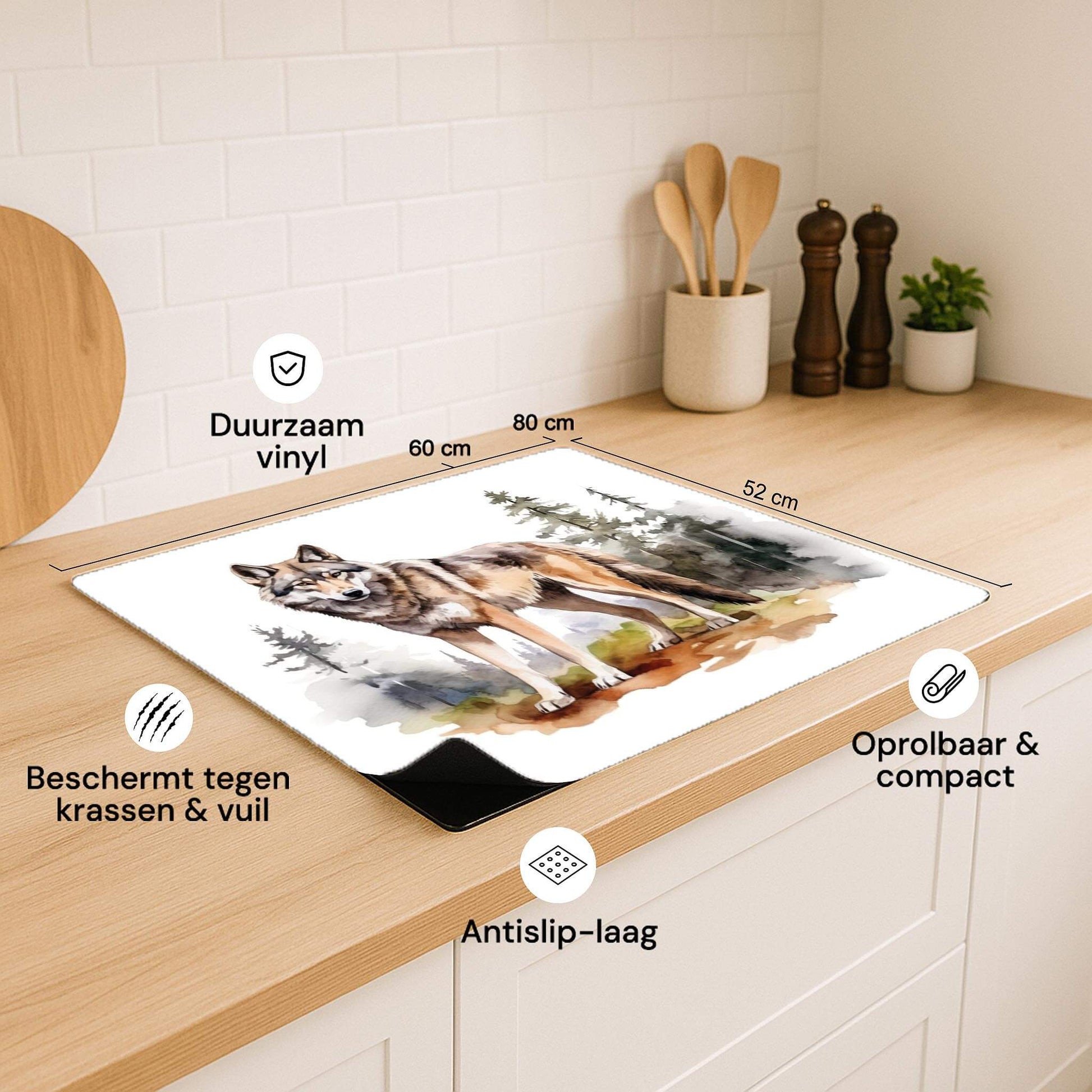 Inductie beschermer met wolf design, specificaties, duurzaam vinyl en antislip-laag