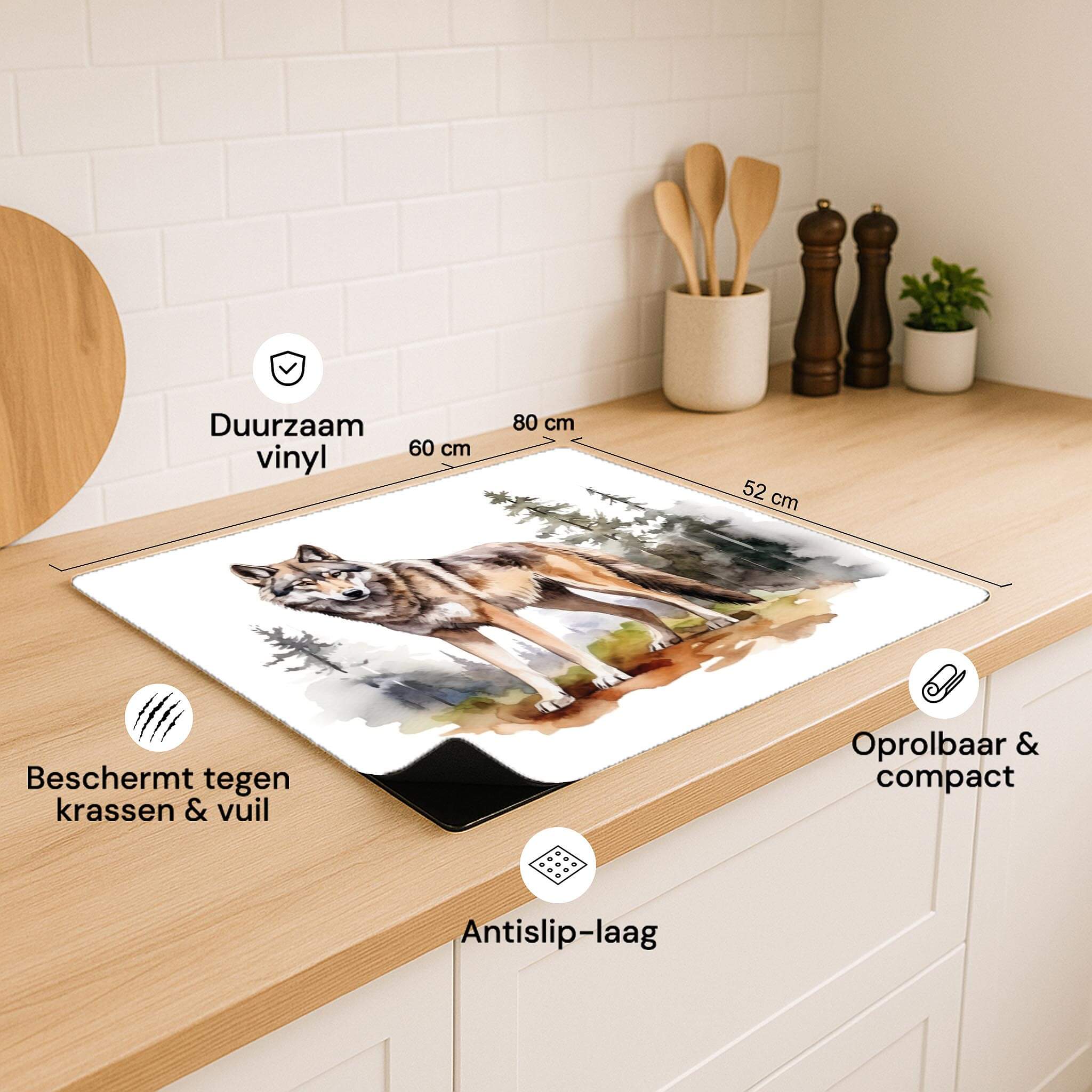 Inductie beschermer met wolf design, specificaties, duurzaam vinyl en antislip-laag