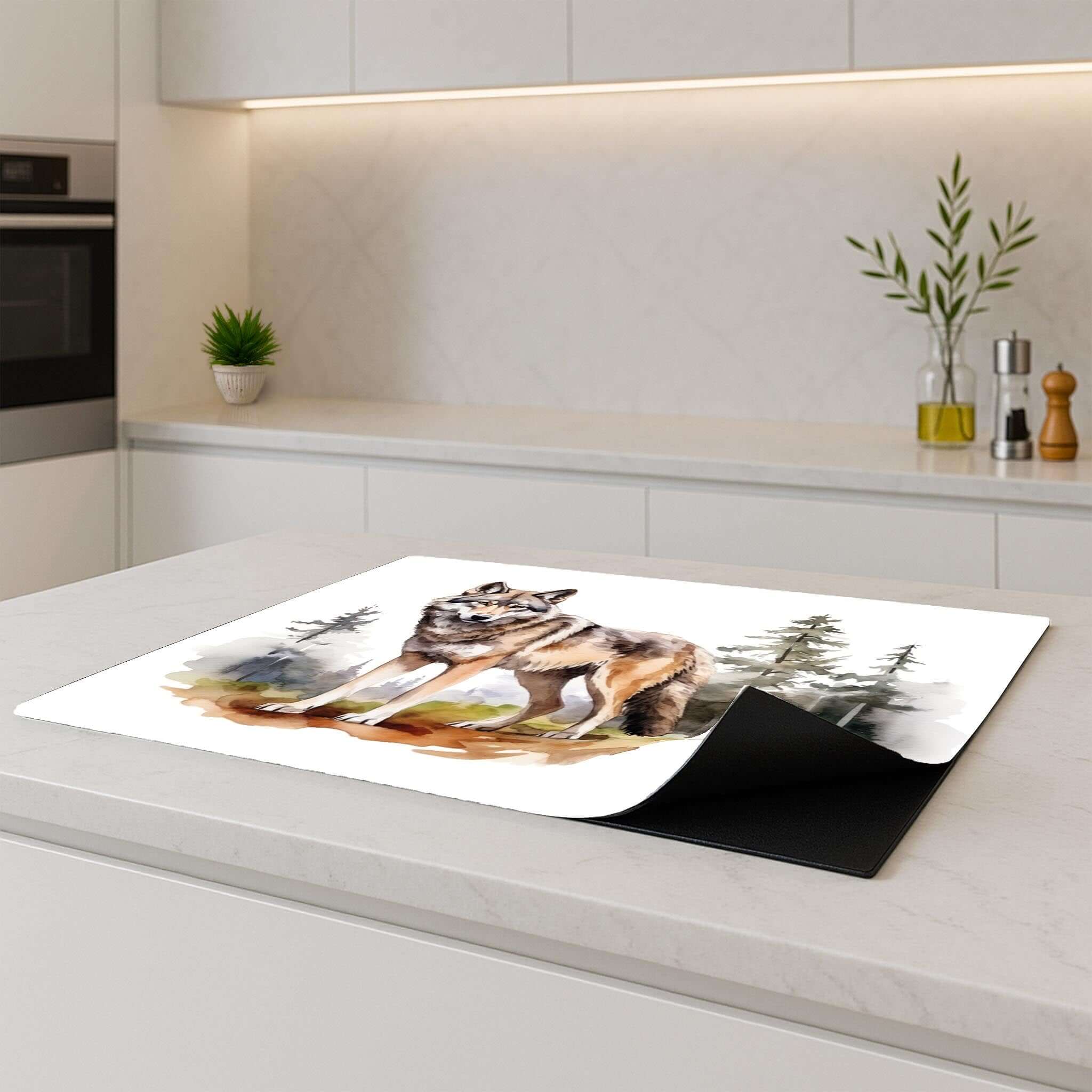 Inductie beschermer met wolf design op een modern keukenblad