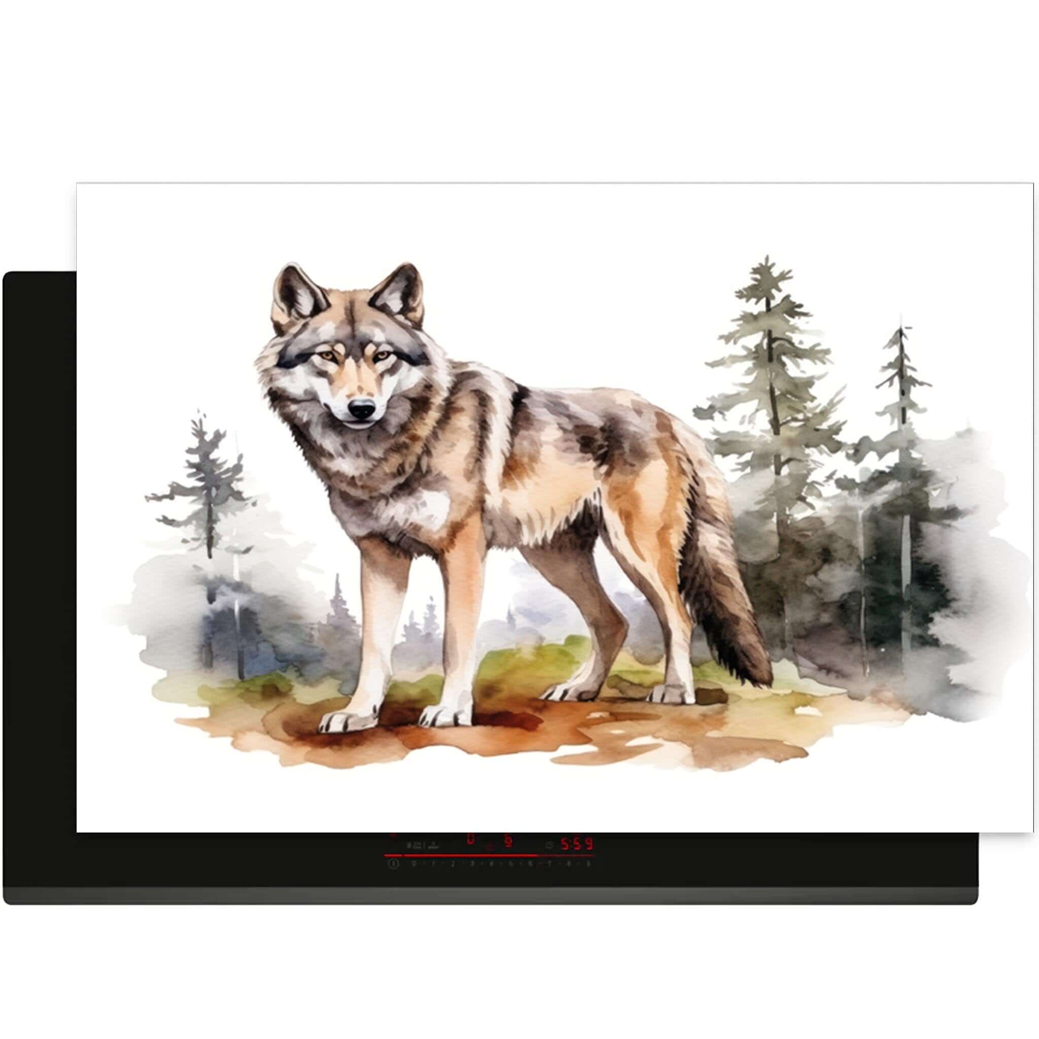 Inductie beschermer met realistische wolf illustratie op wit, bosrijk design