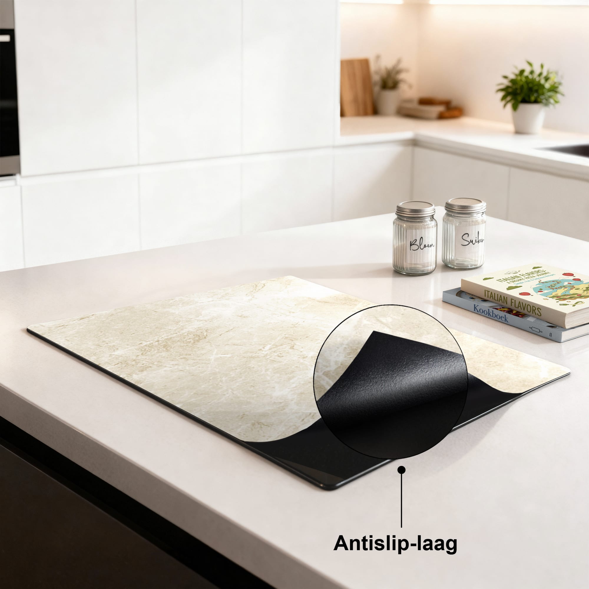 [infographic] Beige Marble inductiebeschermer sfeer aanrecht — KitchenArt